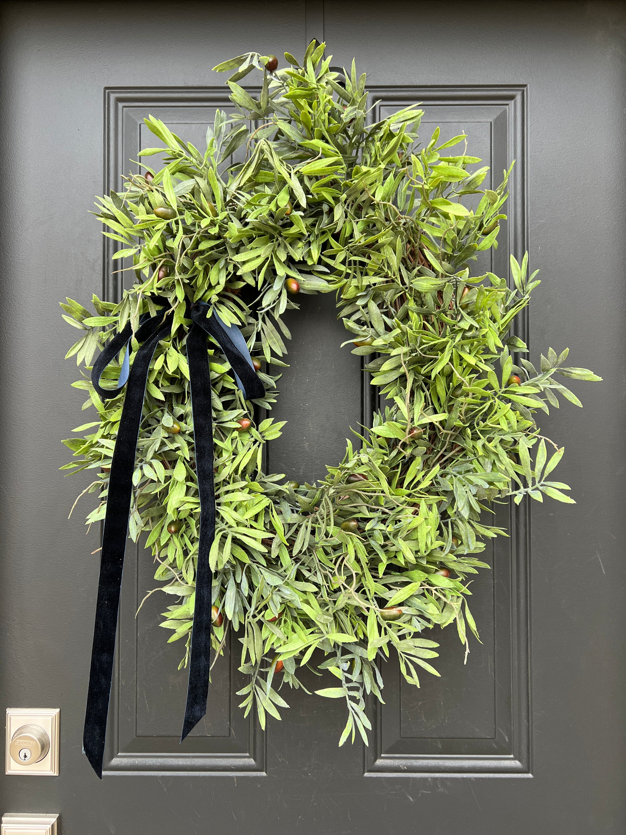 Oval Olive Branch Wreath with Olives and 1 Inch Navy Velvet Ribbon