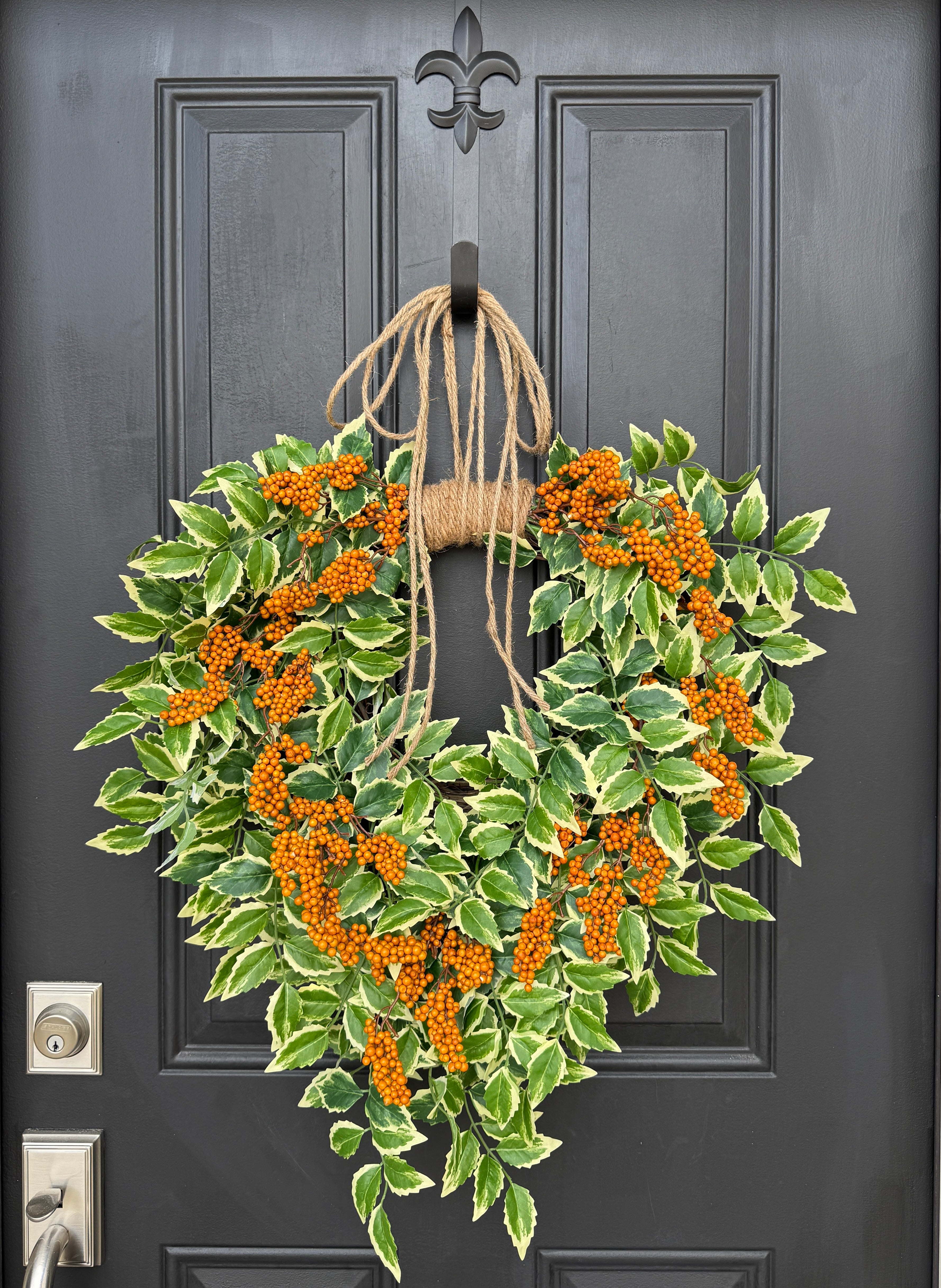 Cascading Fall Orange Berry & Greenery Wreath – Autumn Door Decor