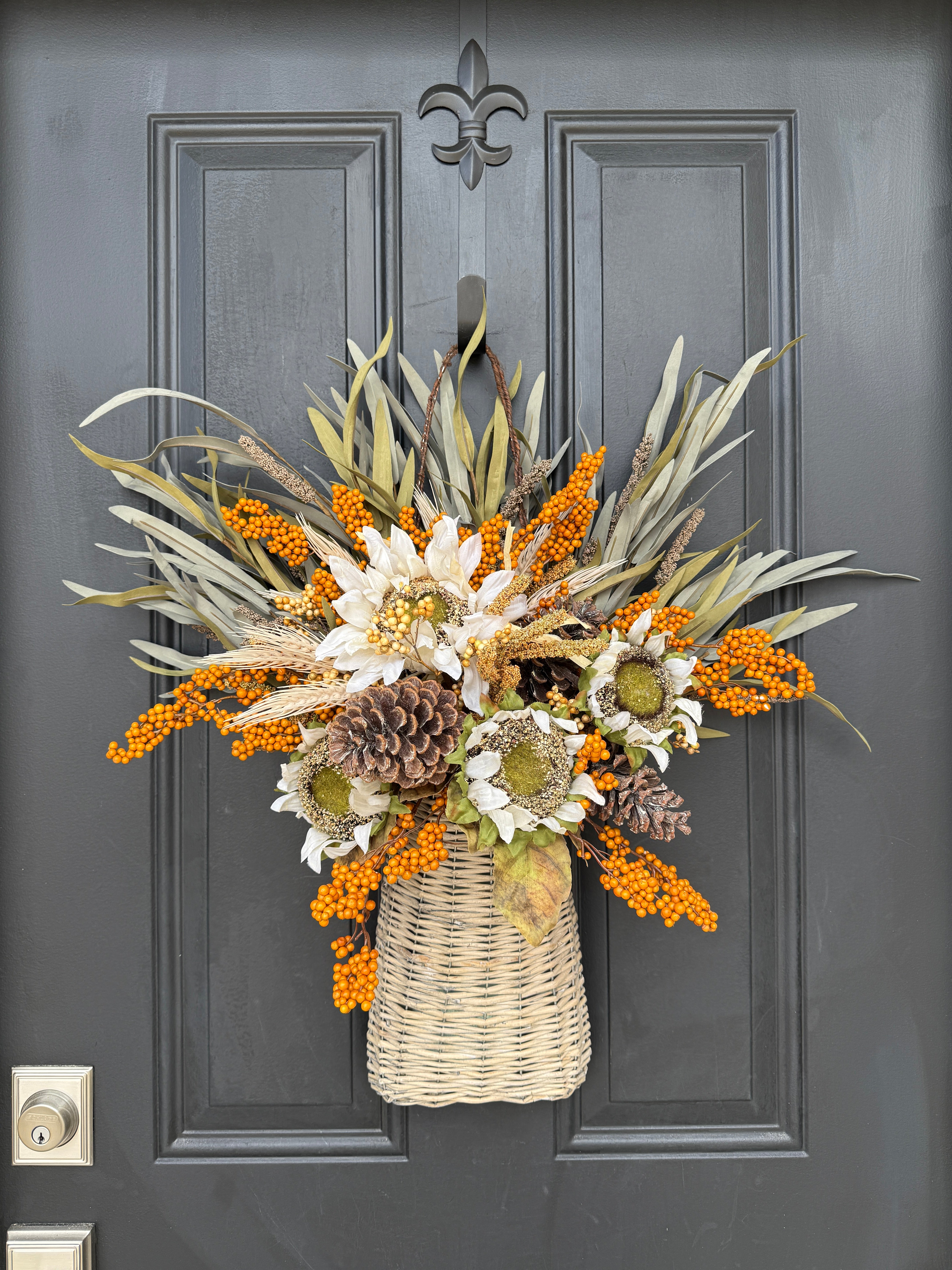 White Sunflower & Berry Harvest Basket – Rustic Fall Door Decoration