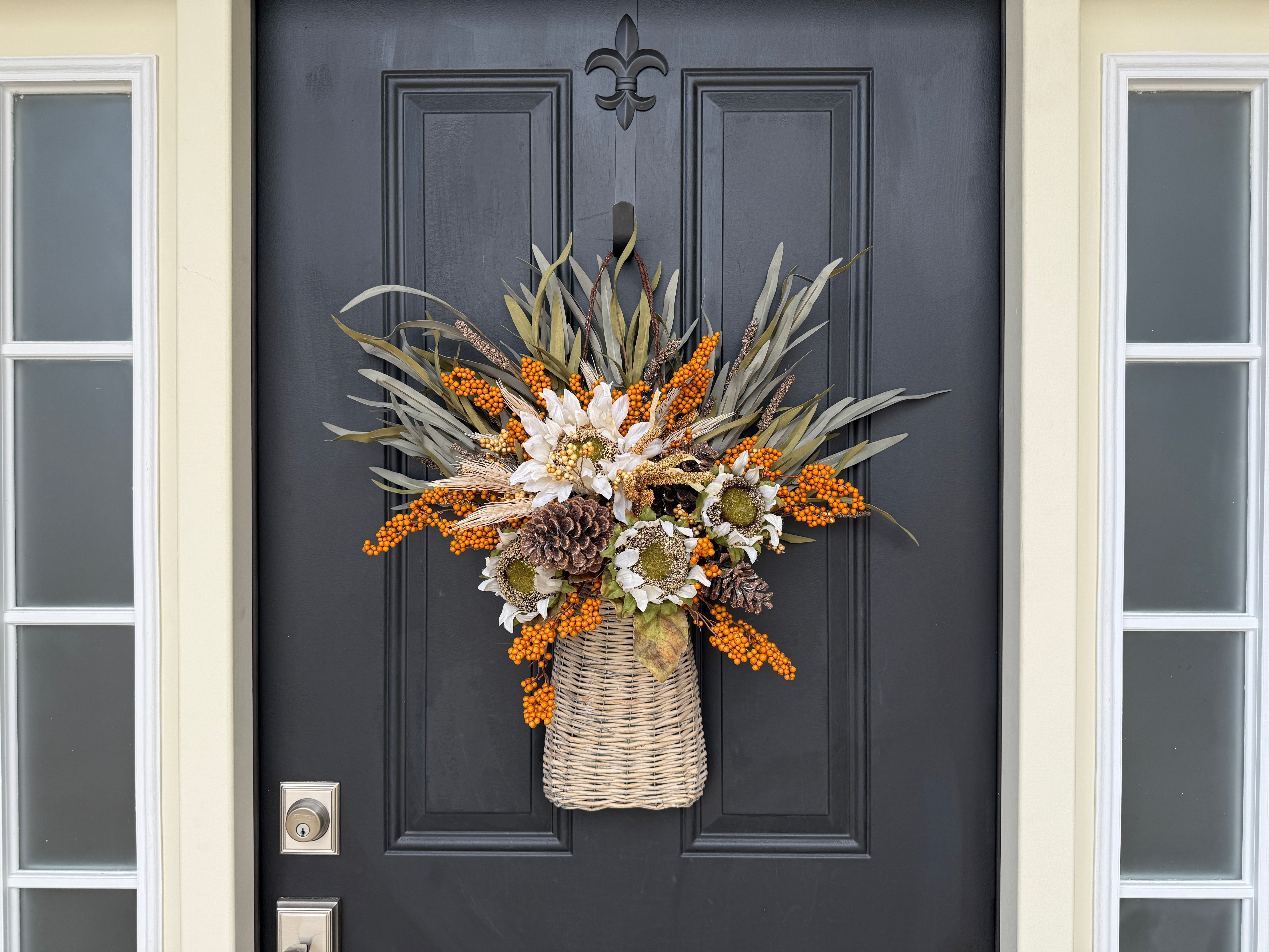 White Sunflower & Berry Harvest Basket – Rustic Fall Door Decoration