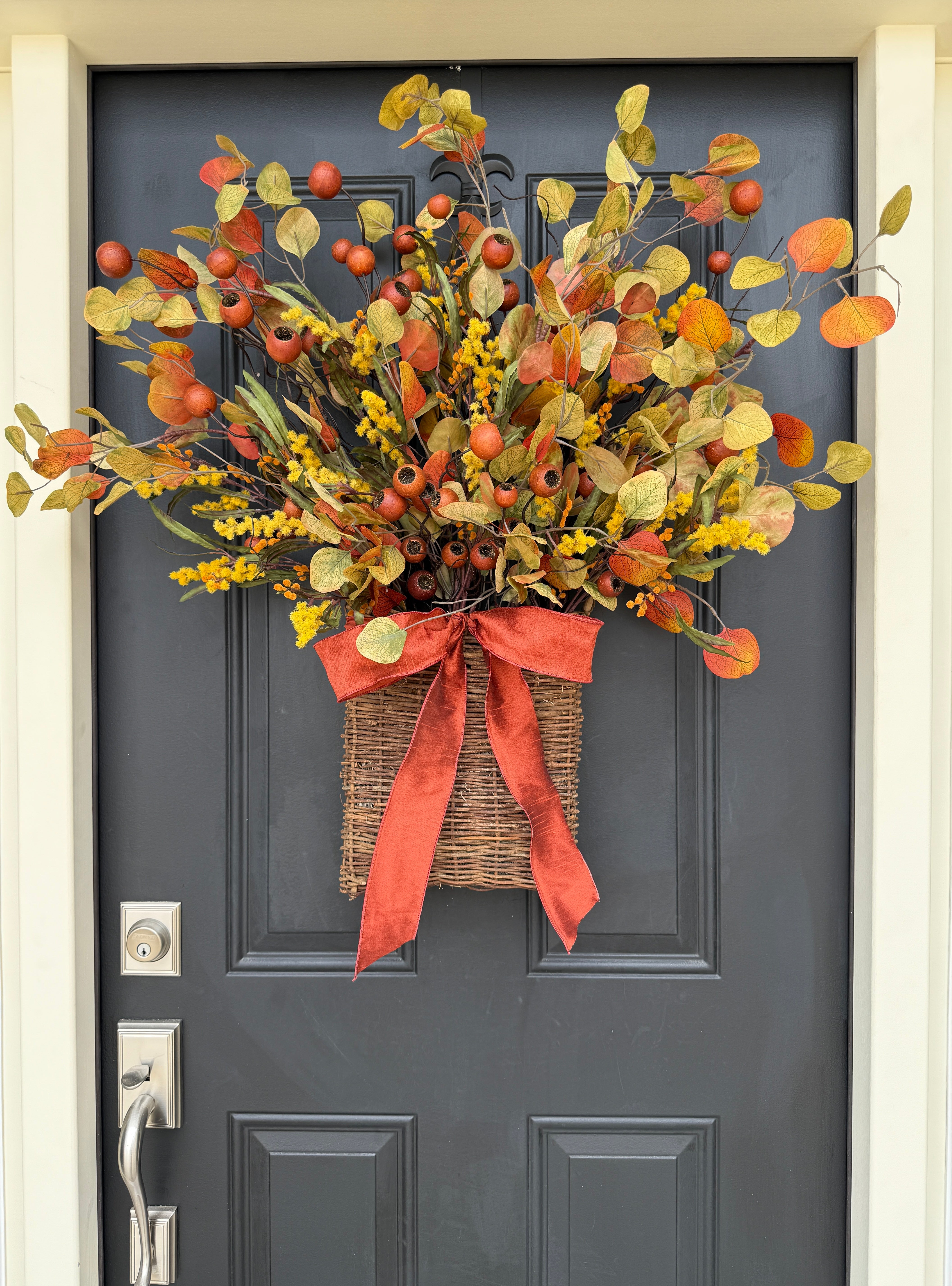 Fall Berry & Leaf Basket with Rust Bow – Autumn Door Decoration