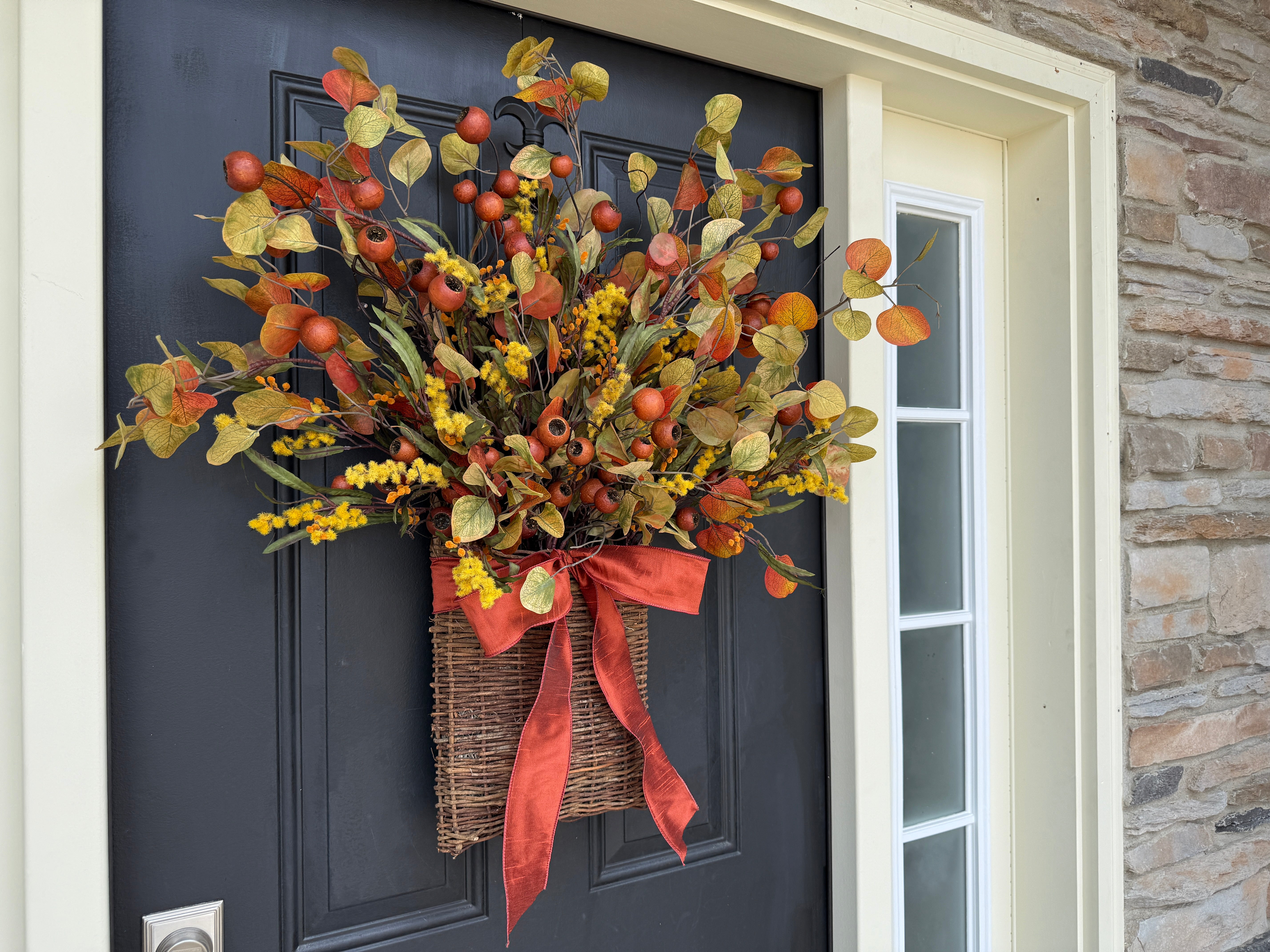 Fall Berry & Leaf Basket with Rust Bow – Autumn Door Decoration
