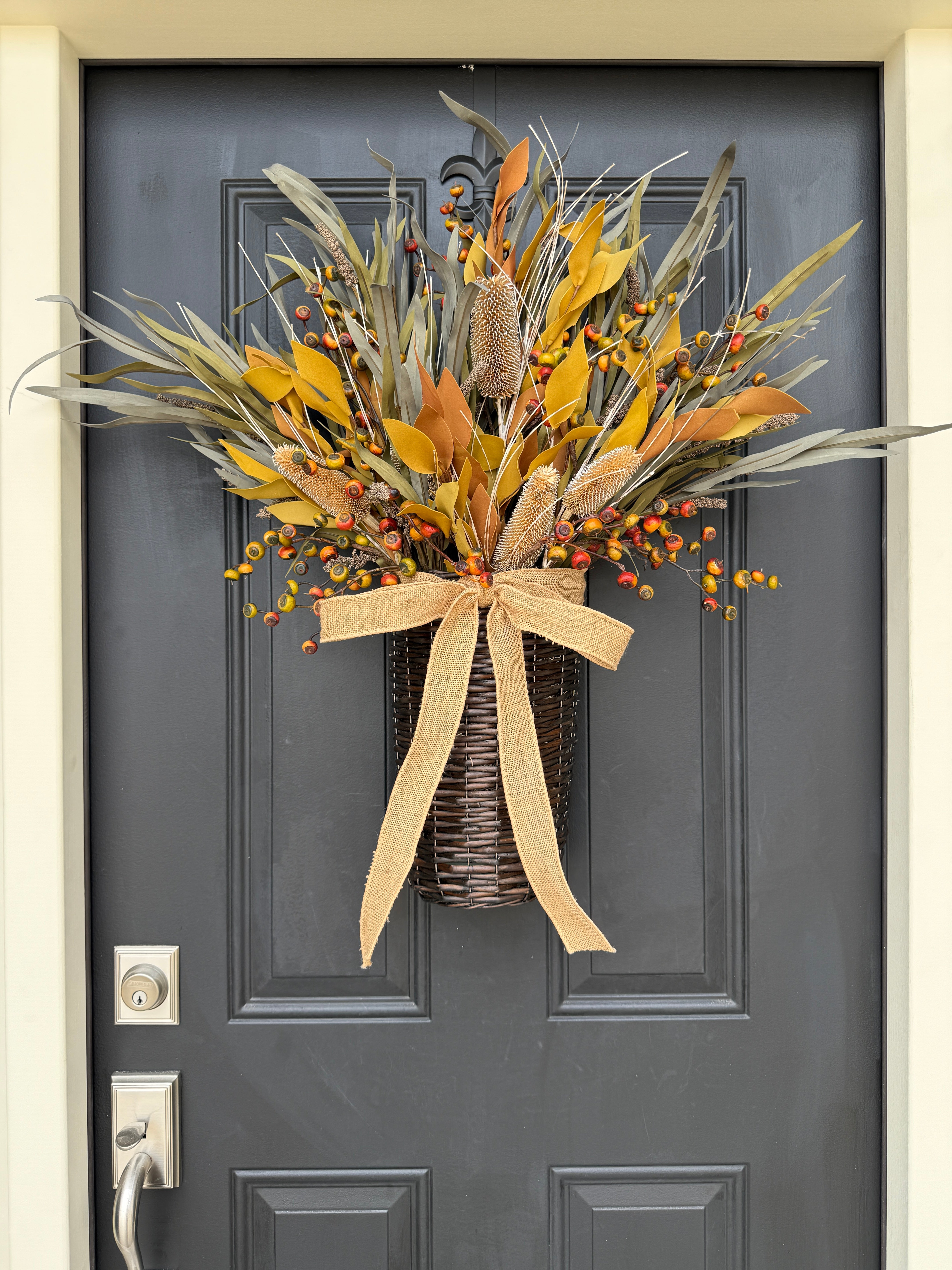 Golden Leaves & Berry Basket with Burlap Bow – Fall Door Décor