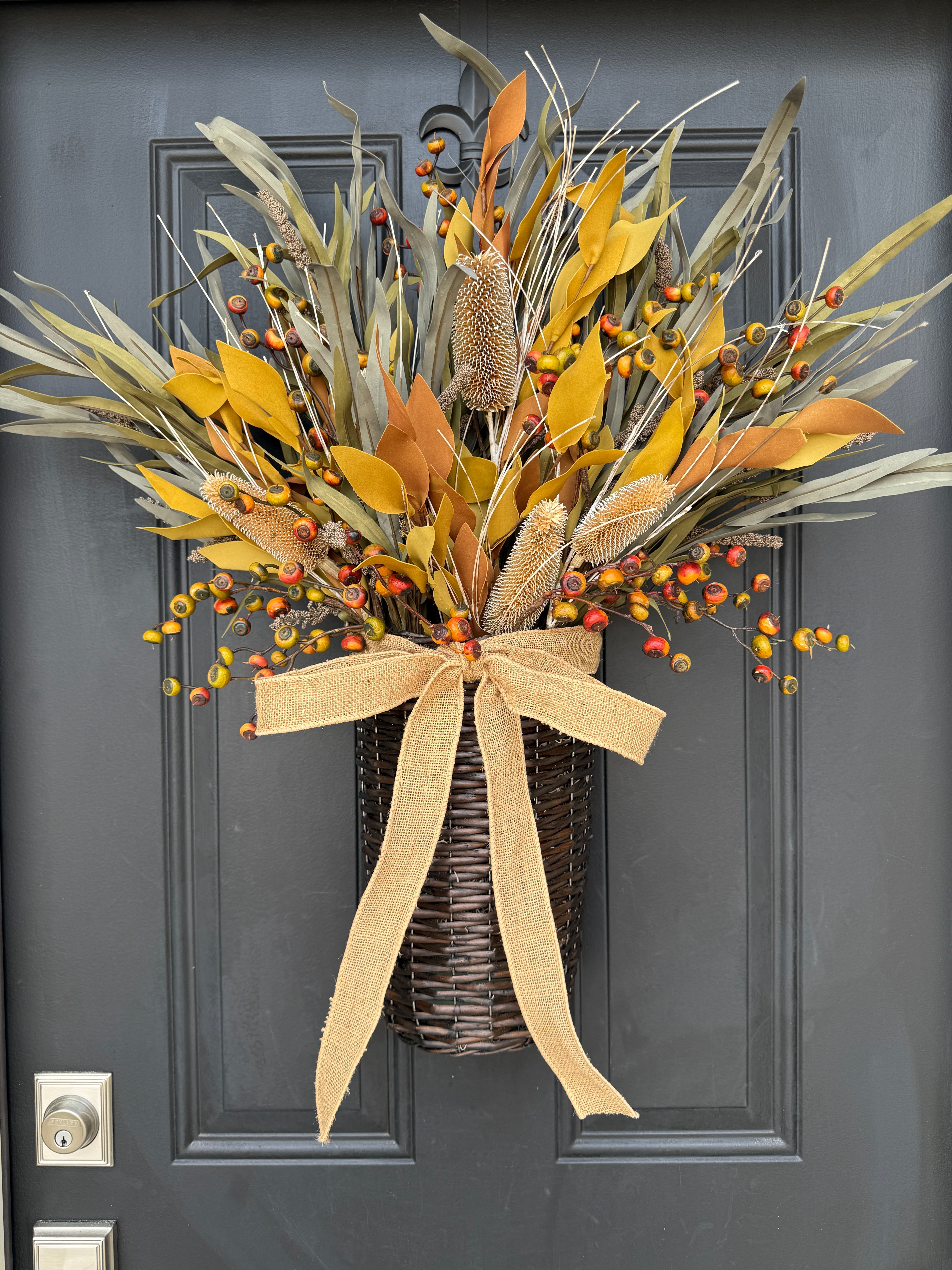 Golden Leaves & Berry Basket with Burlap Bow – Fall Door Décor