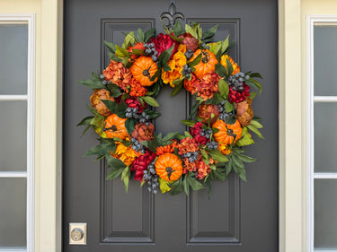 Pumpkin Wreath with Burgundy Flowers and Berries