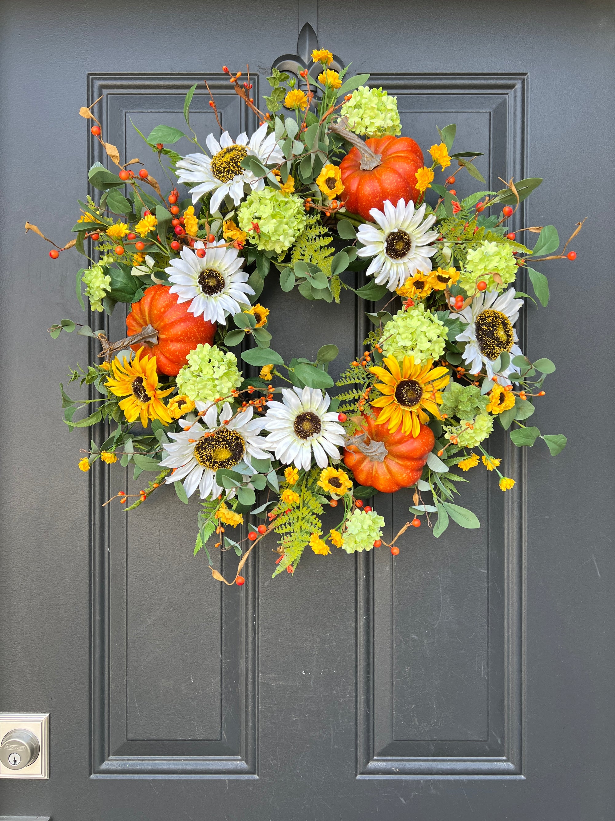 Bright Orange Pumpkin Wreath with White Sunflowers and Poms