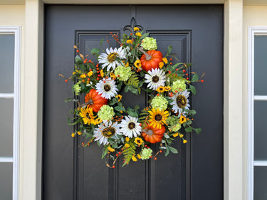 Orange Pumpkin Wreath with White and Yellow Sunflowers - TwoInspireYou