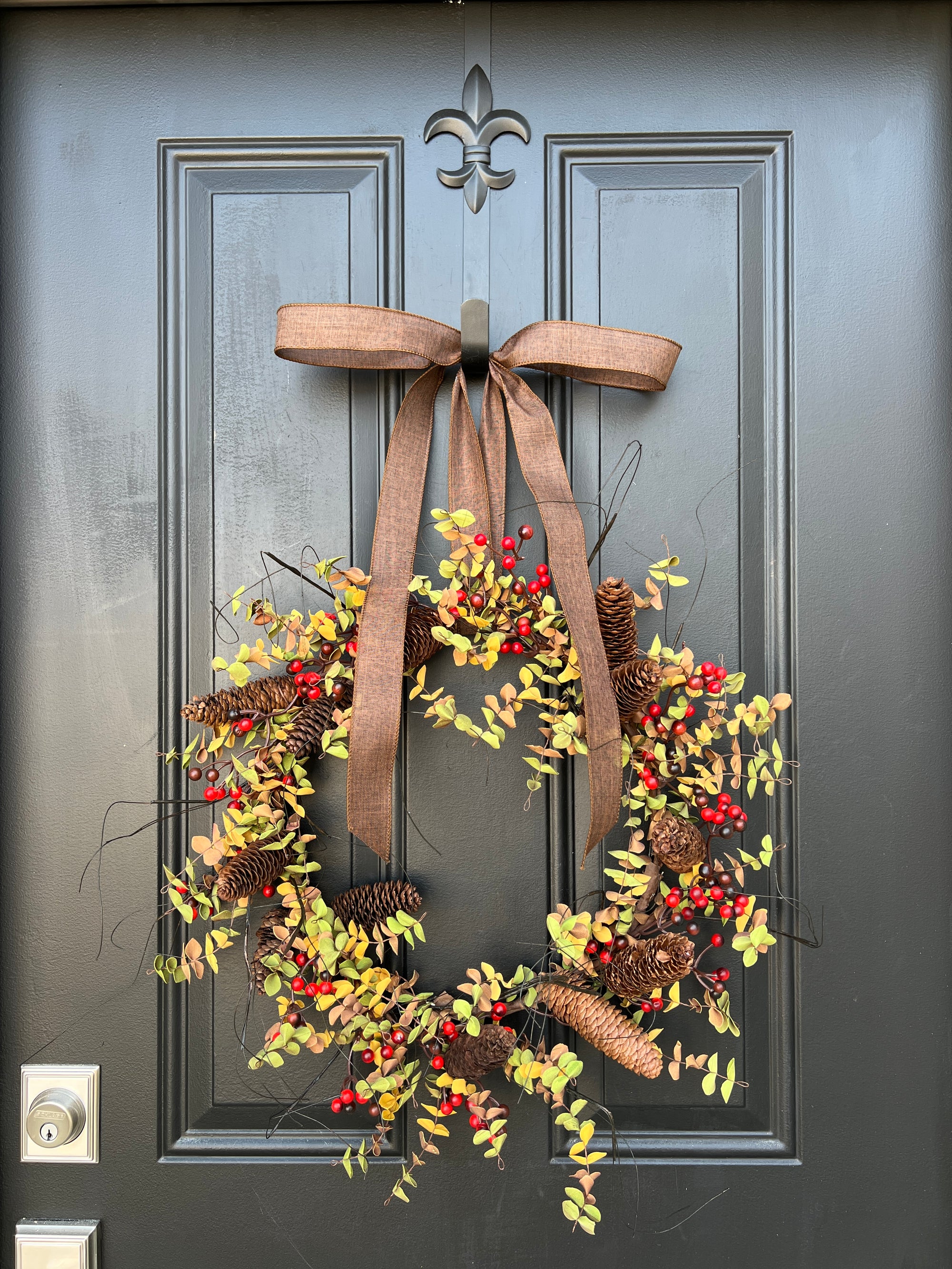 Modern Harvest Pinecone Wreath with Custom Linen Ribbon