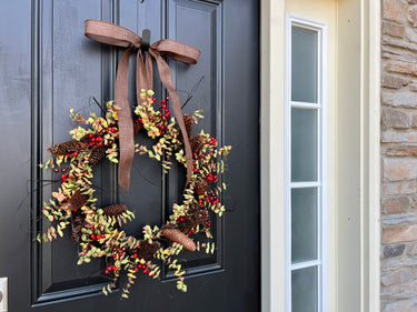 Modern Harvest Pinecone Wreath with Custom Linen Ribbon - TwoInspireYou