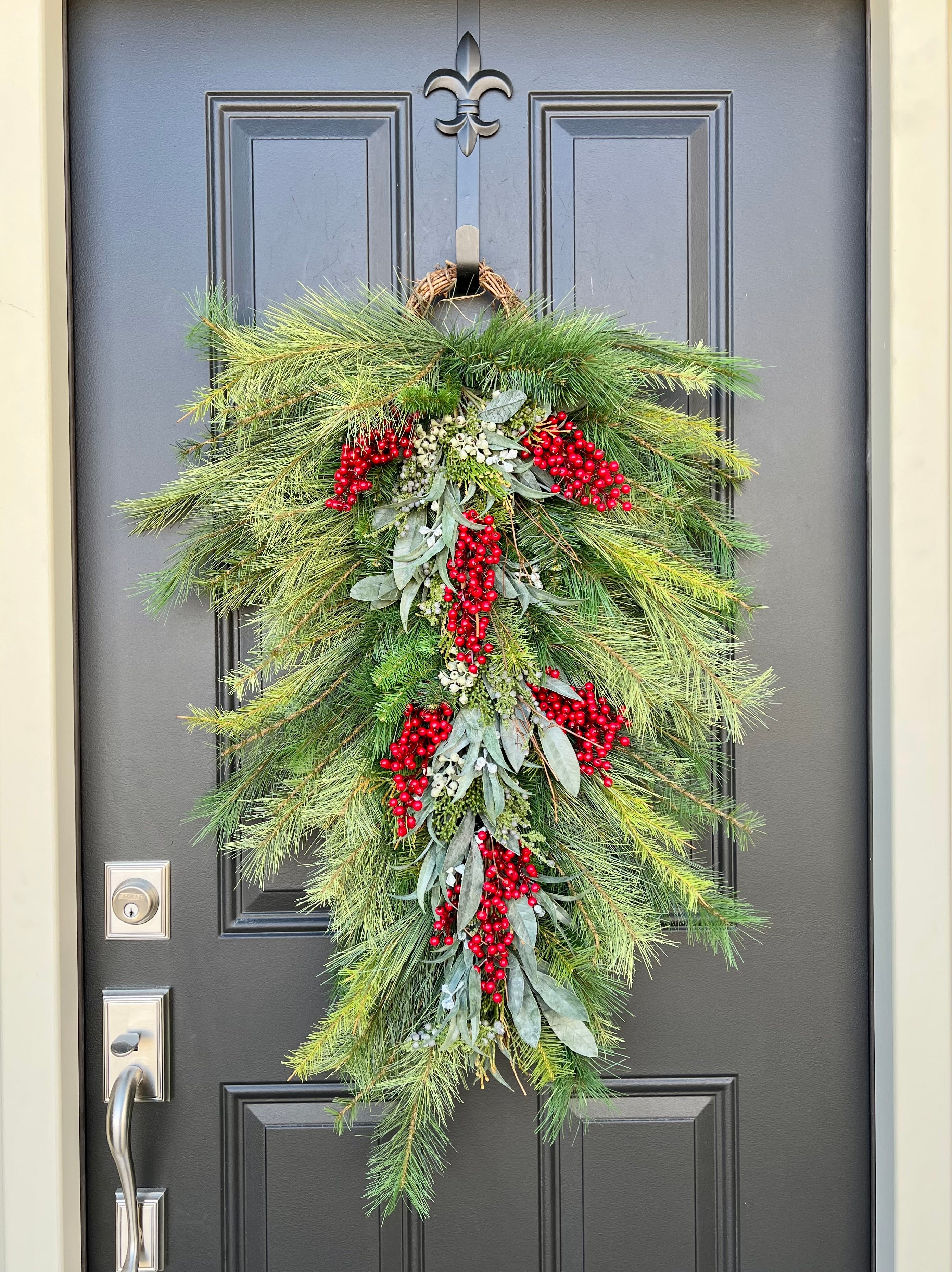 Holiday Pine Swag Teardrop Wreath with Red Berries