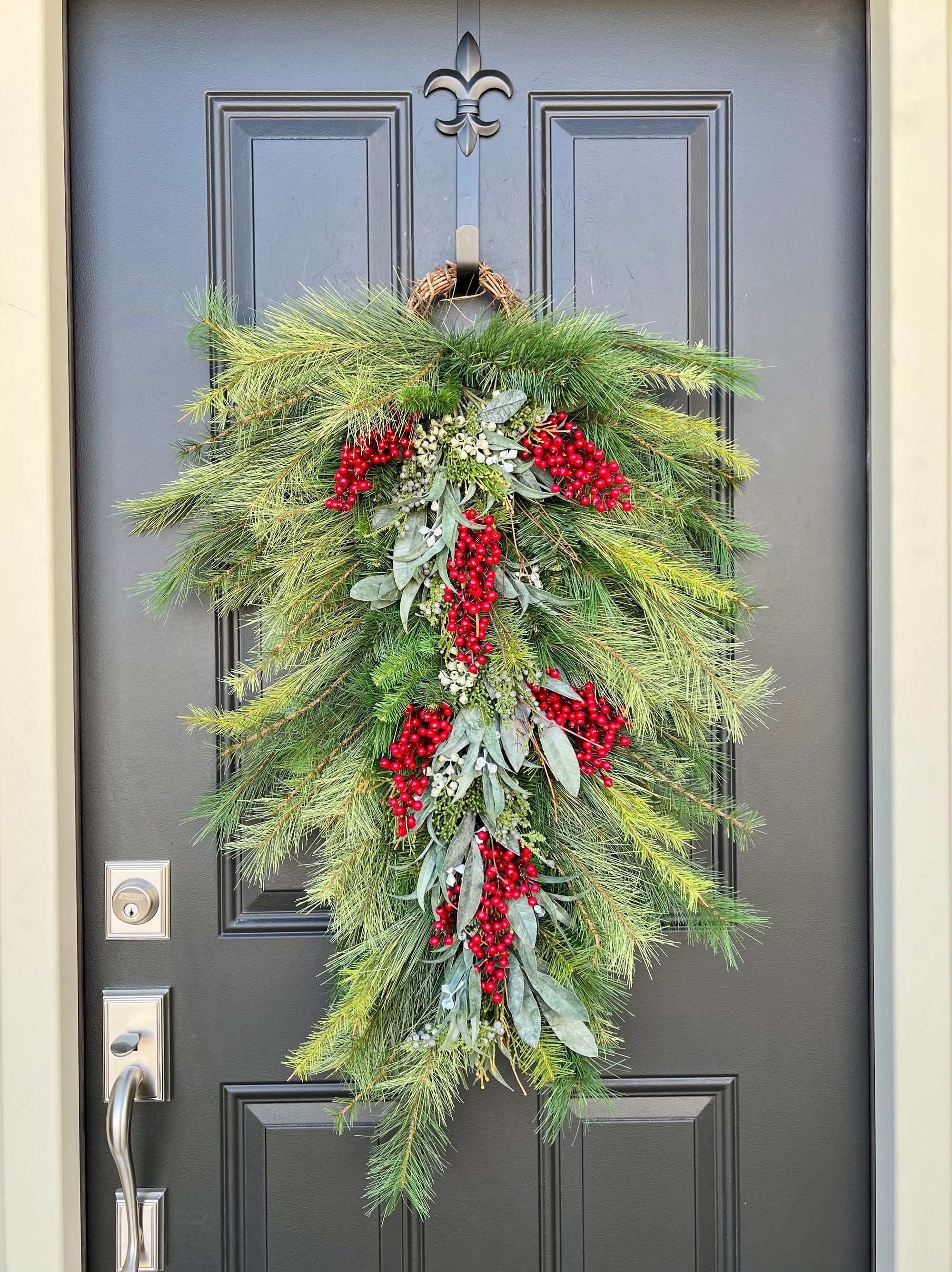 Holiday Pine Swag Teardrop Wreath with Red Berries - Ready to Ship