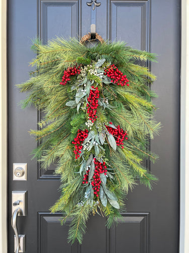 Holiday Pine Swag Teardrop Wreath with Red Berries - TwoInspireYou