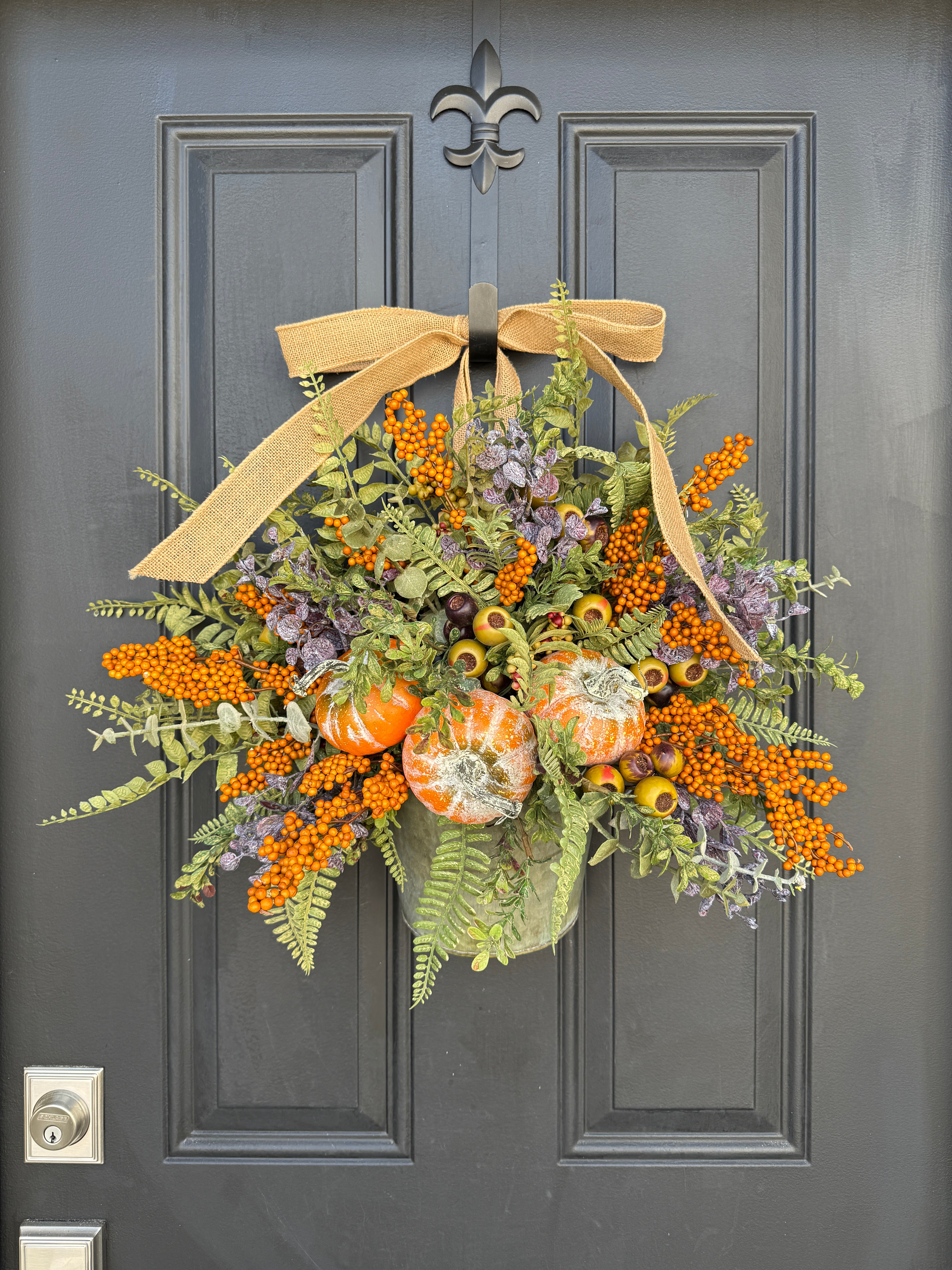 Fall Wall Bucket Wreath with Pumpkins & Berries – Rustic Harvest Door Décor