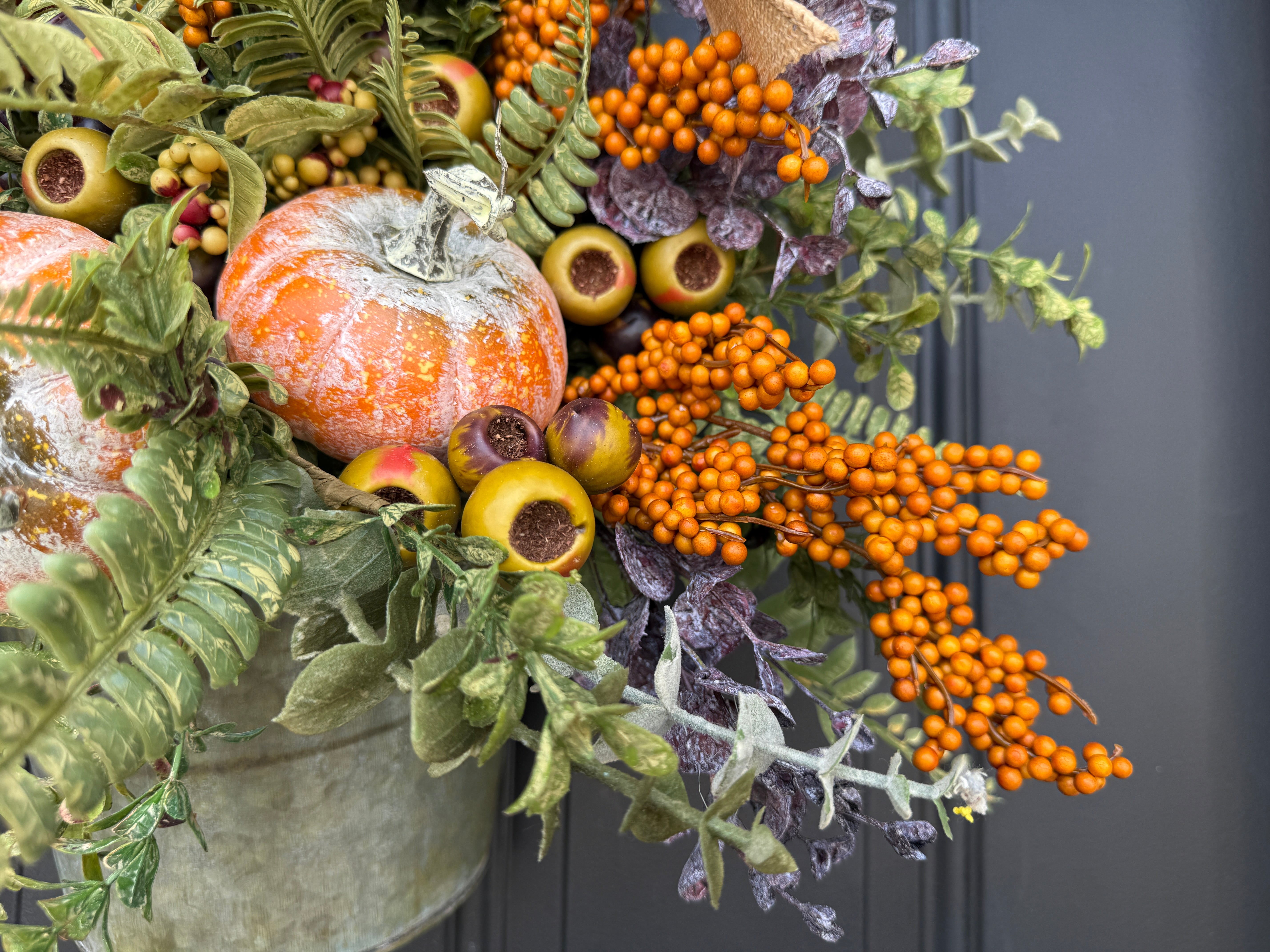 Fall Wall Bucket Wreath with Pumpkins & Berries – Rustic Harvest Door Décor