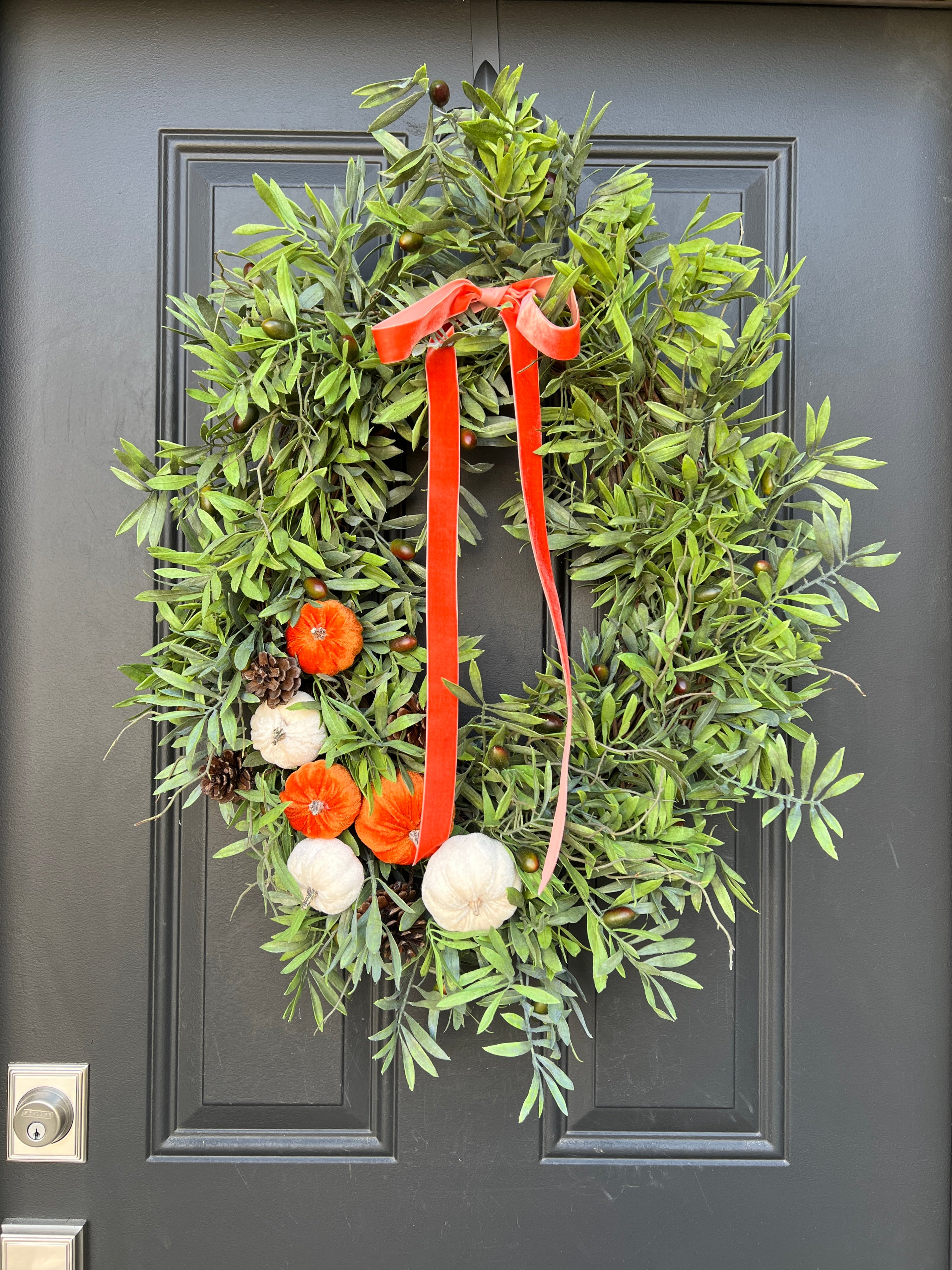 Thanksgiving Olive Branch Wreath with Velvet Pumpkins