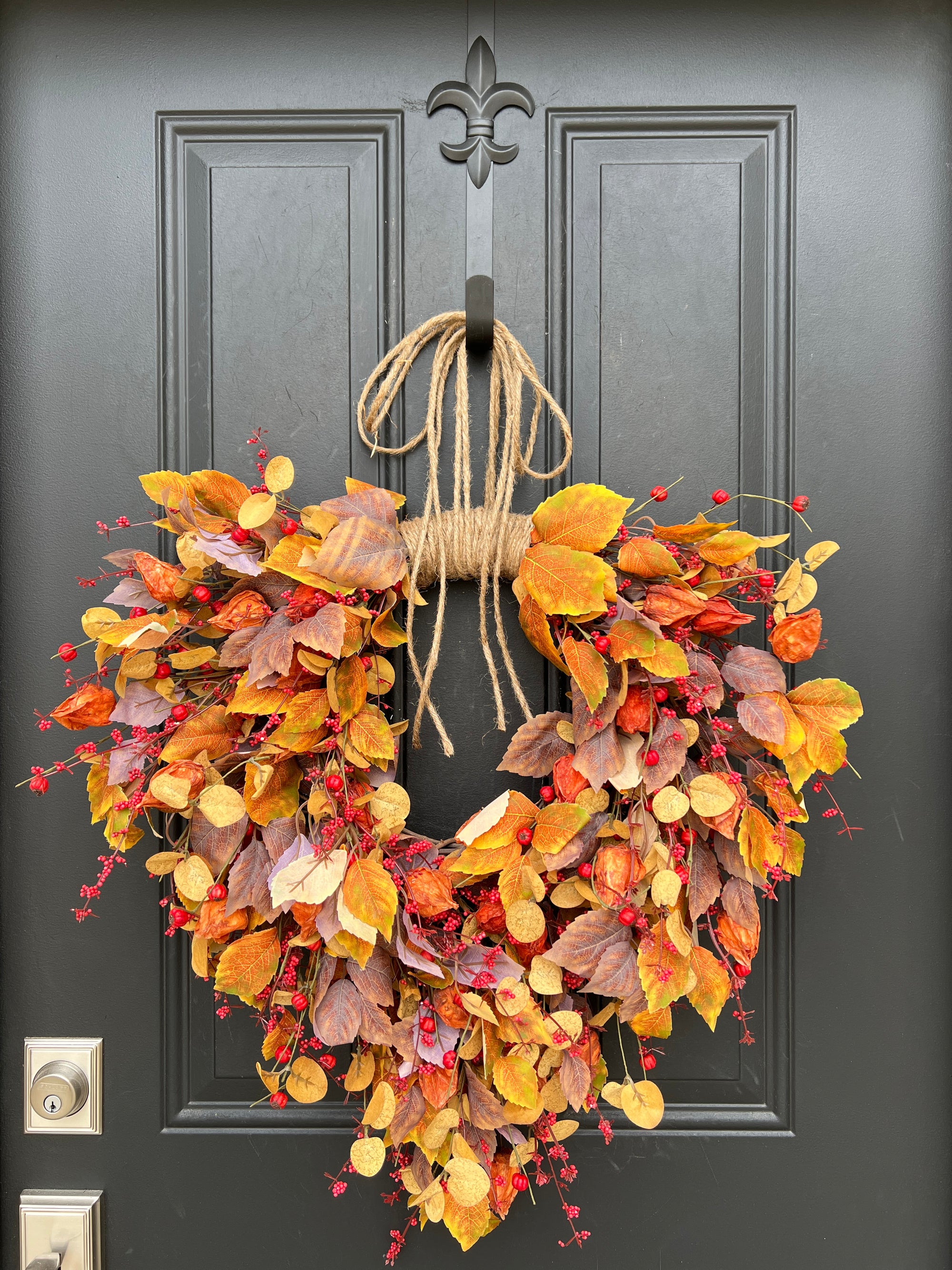 NEW Autumn Bittersweet, Orange Lanterns and Fall Leaves Wreath, Ready to Ship