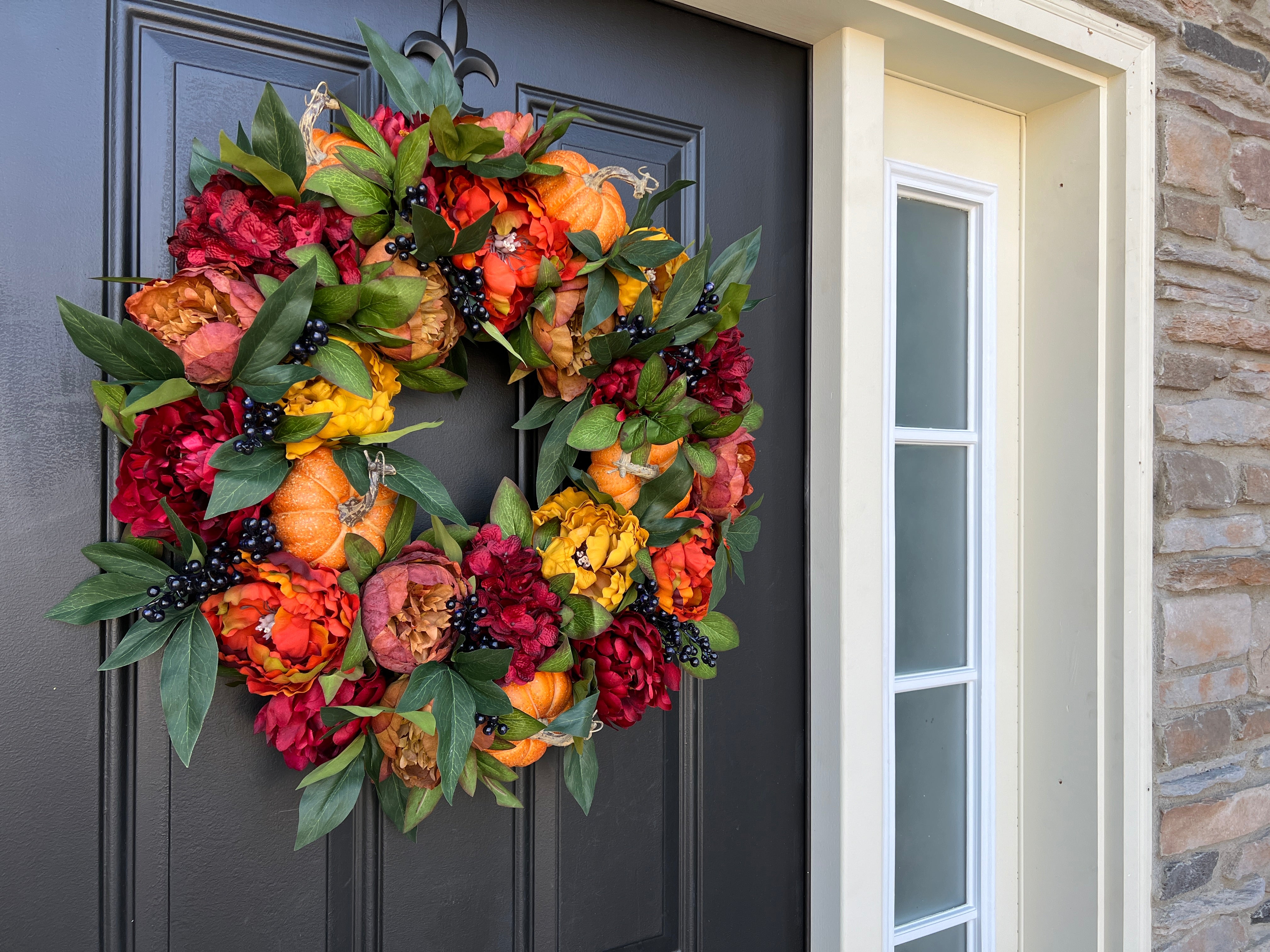 Autumn Sunset Wreath with Fall Hydrangeas, Peonies and Pumpkins - TwoInspireYou