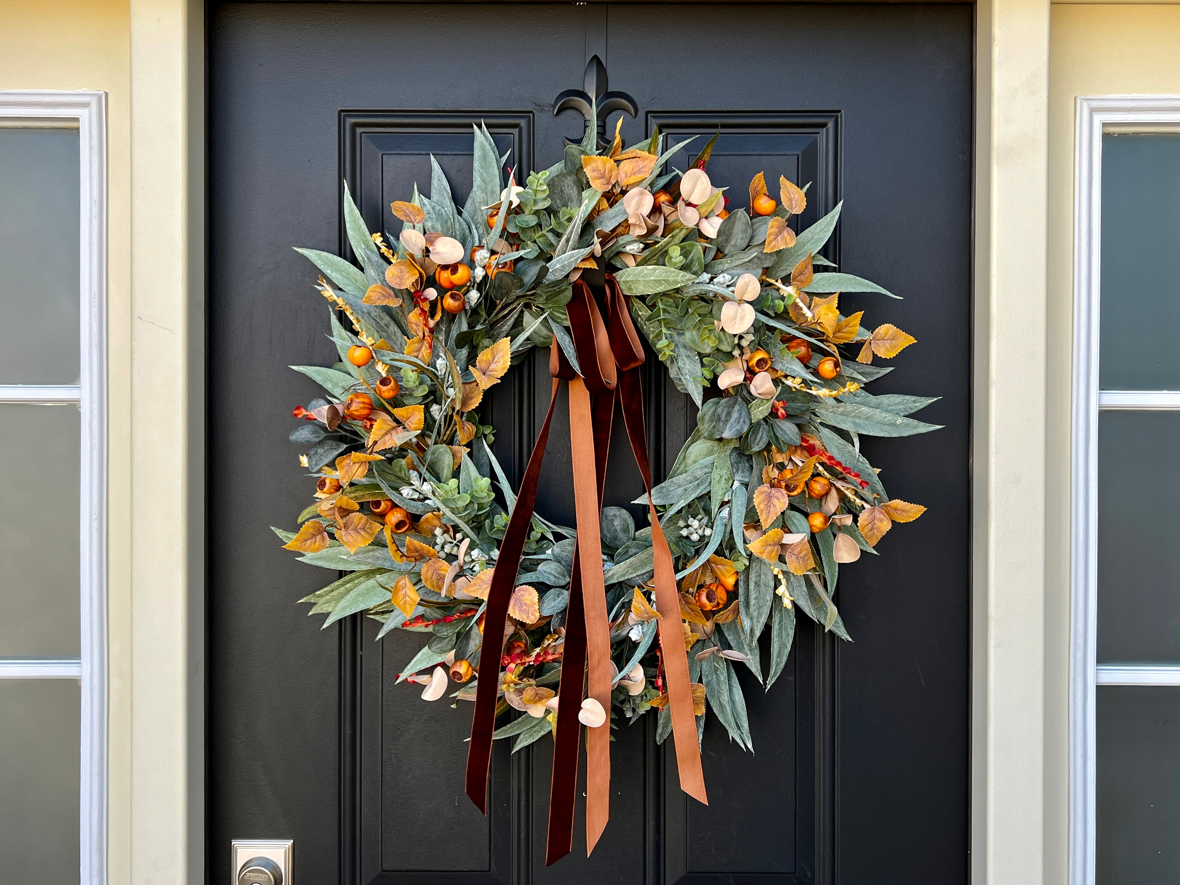 Autumn Farmhouse Bay Leaf and Eucalyptus Wreath with Velvet Ribbon