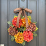 Fall Hydrangea Wreath with Orange, Brown & Gold Blooms and Bow - TwoInspireYou