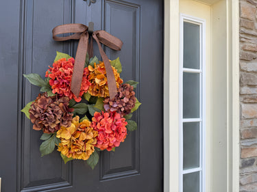 Fall Hydrangea Wreath with Orange, Brown & Gold Blooms and Bow - TwoInspireYou