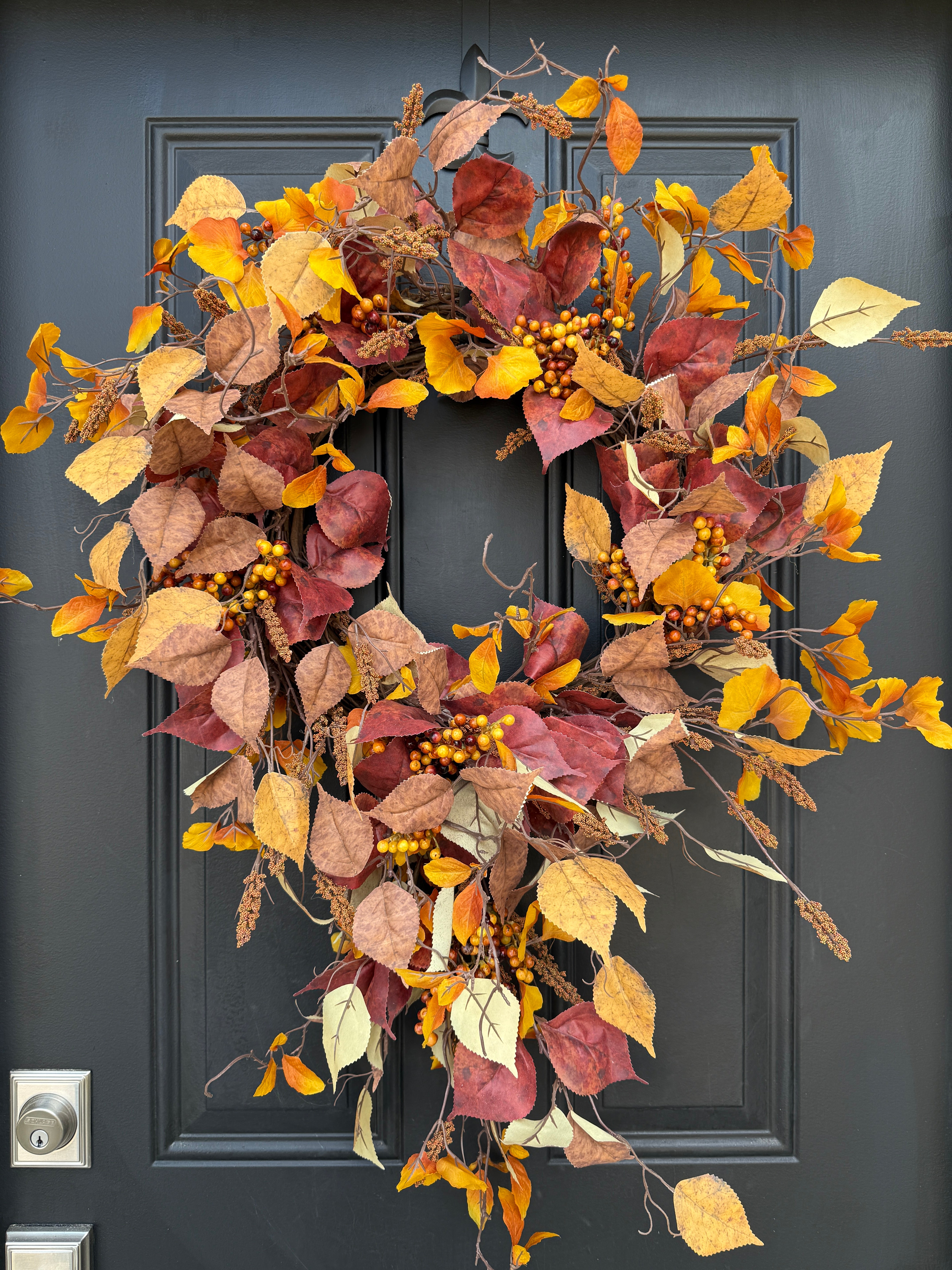 Autumn Harvest Teardrop Wreath with Red, Yellow & Orange Leaves