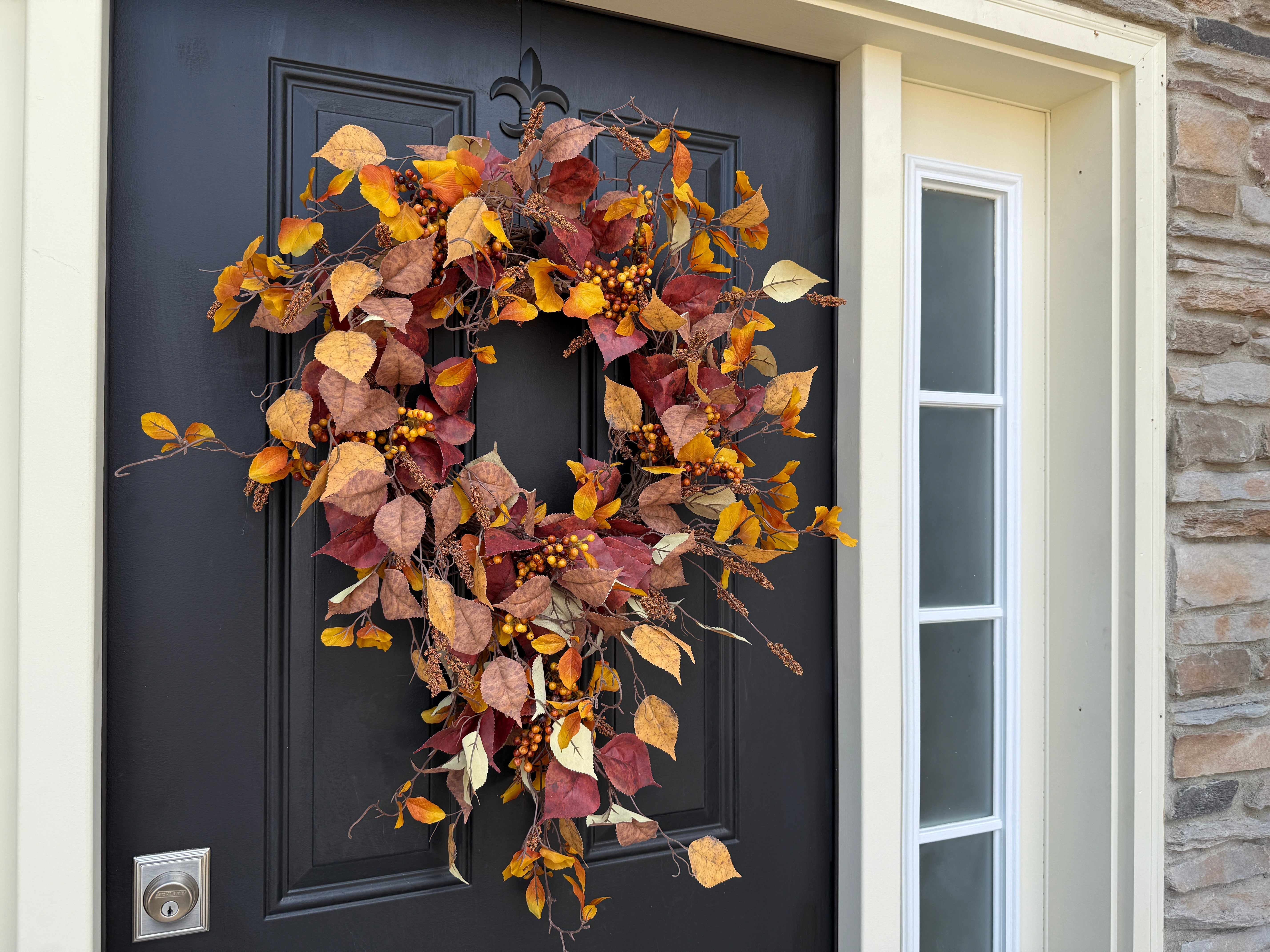 Autumn Harvest Teardrop Wreath with Red, Yellow & Orange Leaves