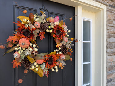 Pumpkin & Sunflower Fall Wreath with Pinecones and Autumn Leaves - TwoInspireYou