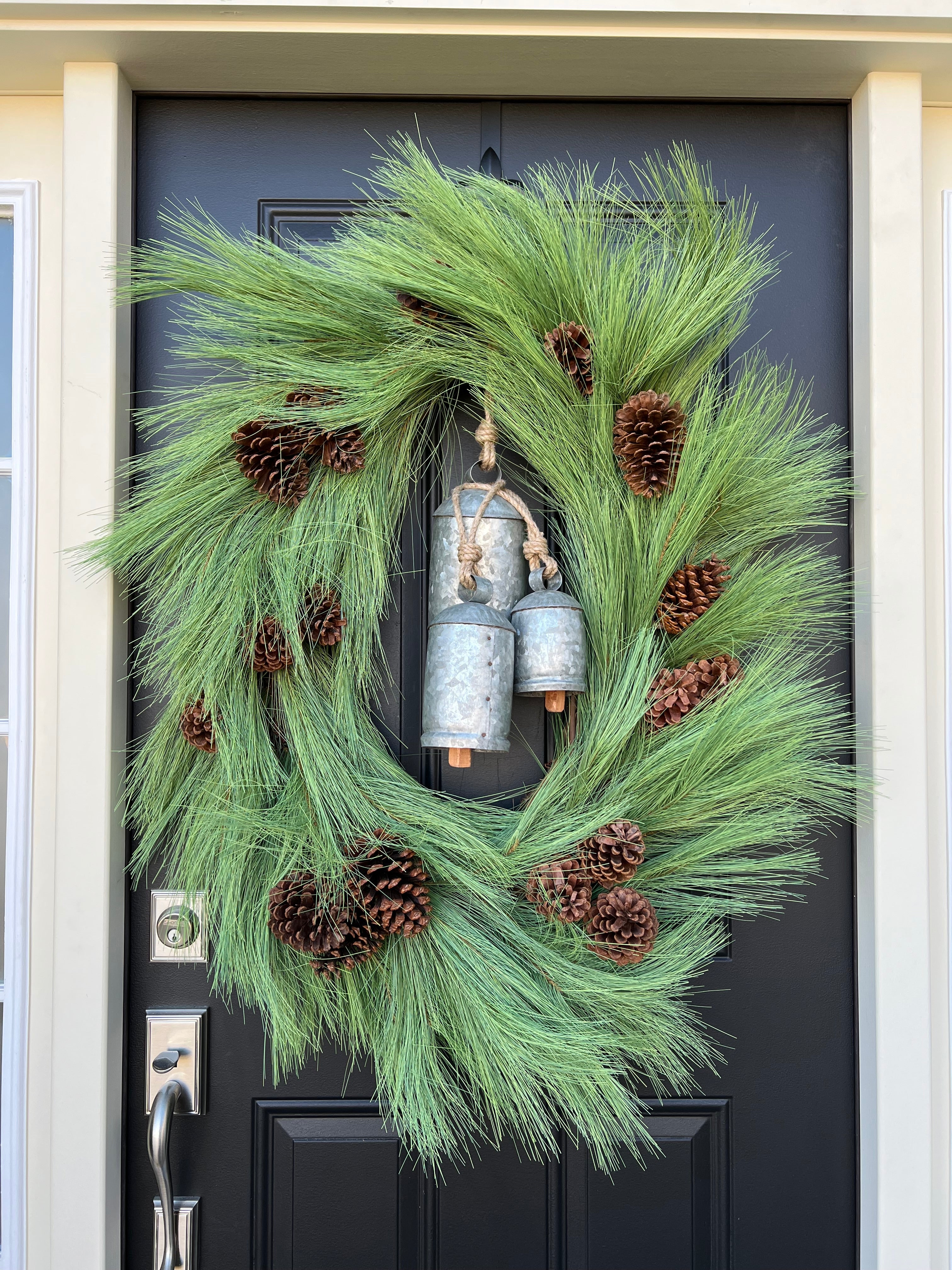 Oval Long Needle Pine Wreath with Pinecones and Silver Bells