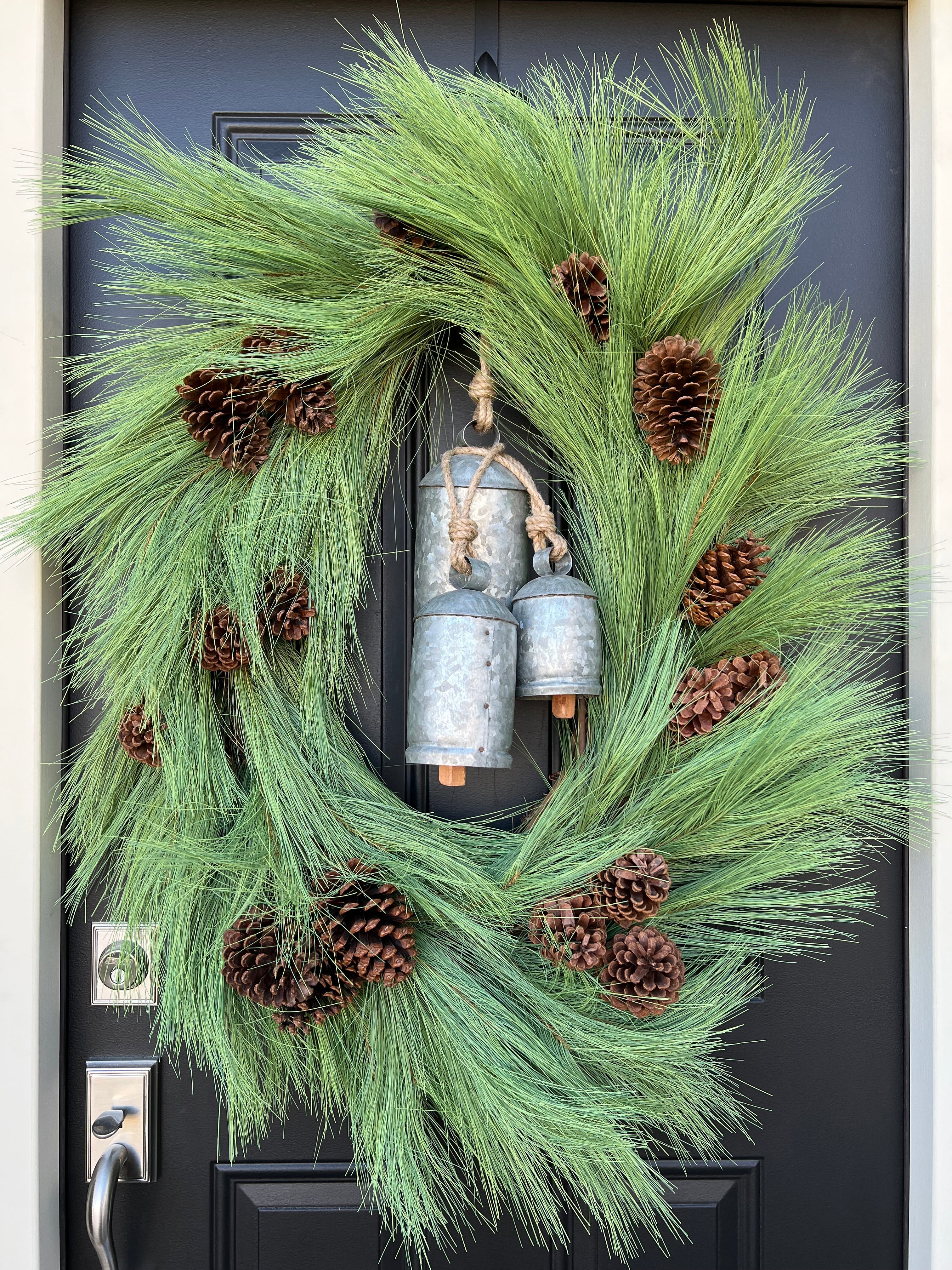 Oval Long Needle Pine Wreath with Pinecones and Silver Bells