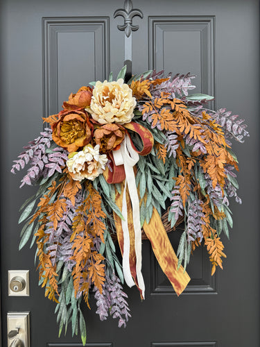 Cascading Fall Floral Wreath with Ribbon