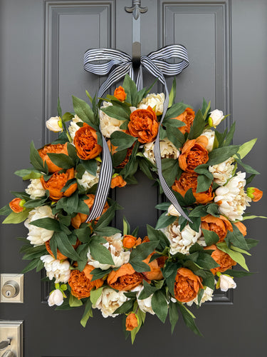 Orange and Cream Peony Wreath | Farmhouse Door Wreath