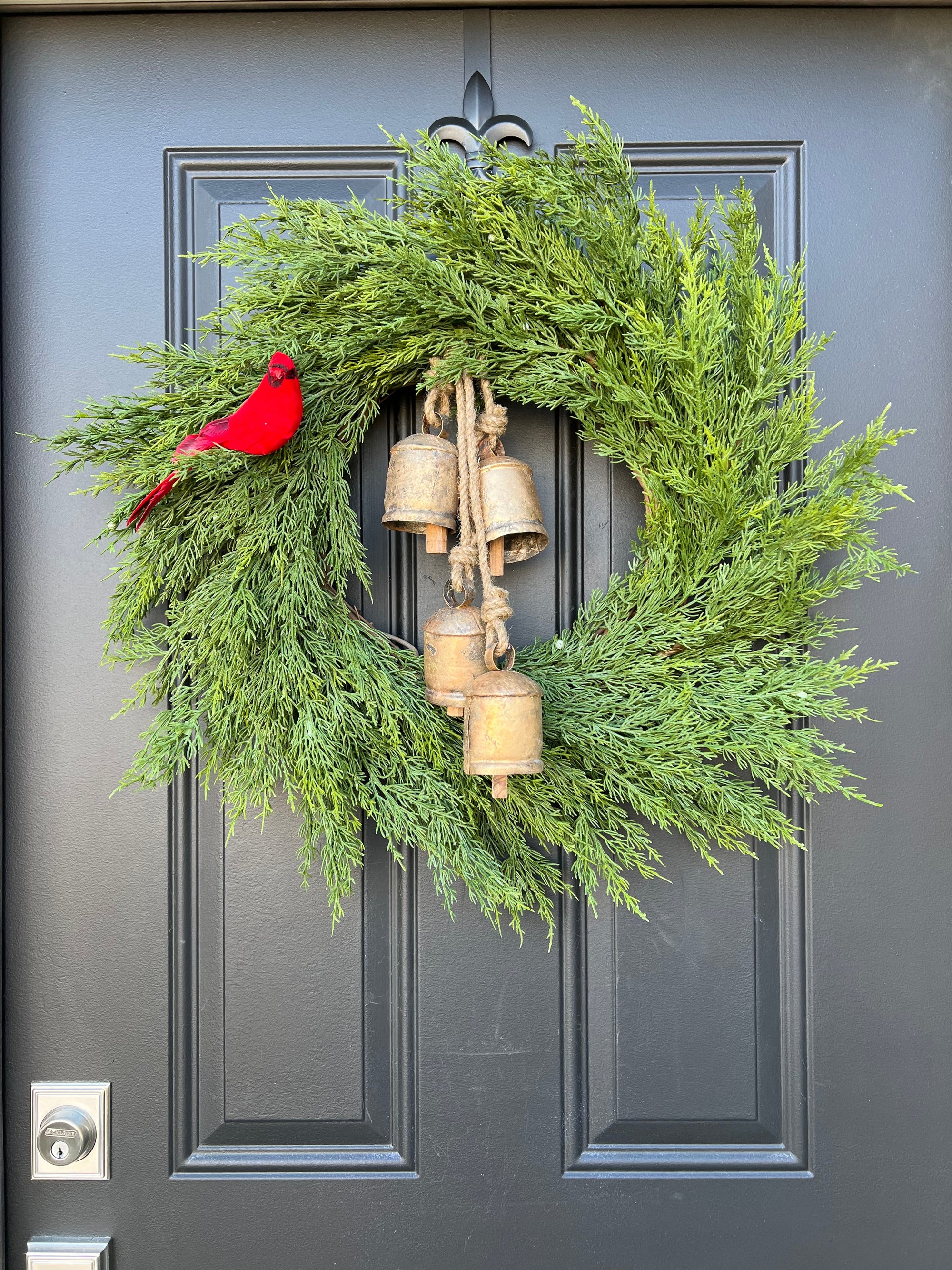 Cedar and Juniper Wreath with Decorative Gold Hanging Bells - Ready to Ship