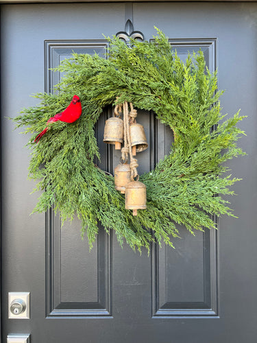 Cedar and Juniper Wreath with Decorative Gold Hanging Bells - TwoInspireYou