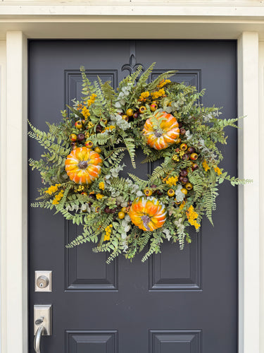 Autumnal Pumpkin and Fern Fall Wreath