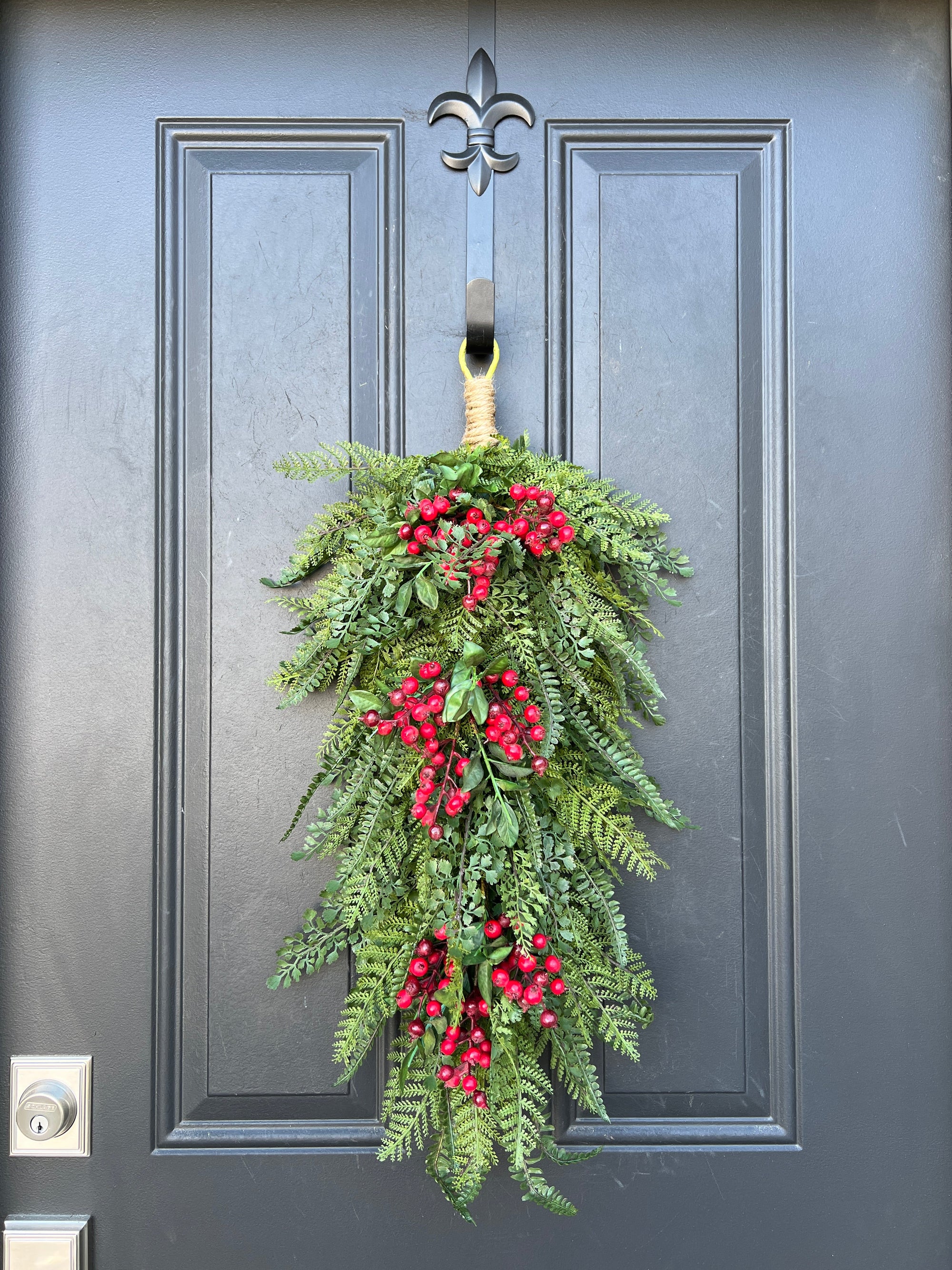 Outdoor Christmas Fern Teardrop Wreath with Red Berries - Ready to Ship