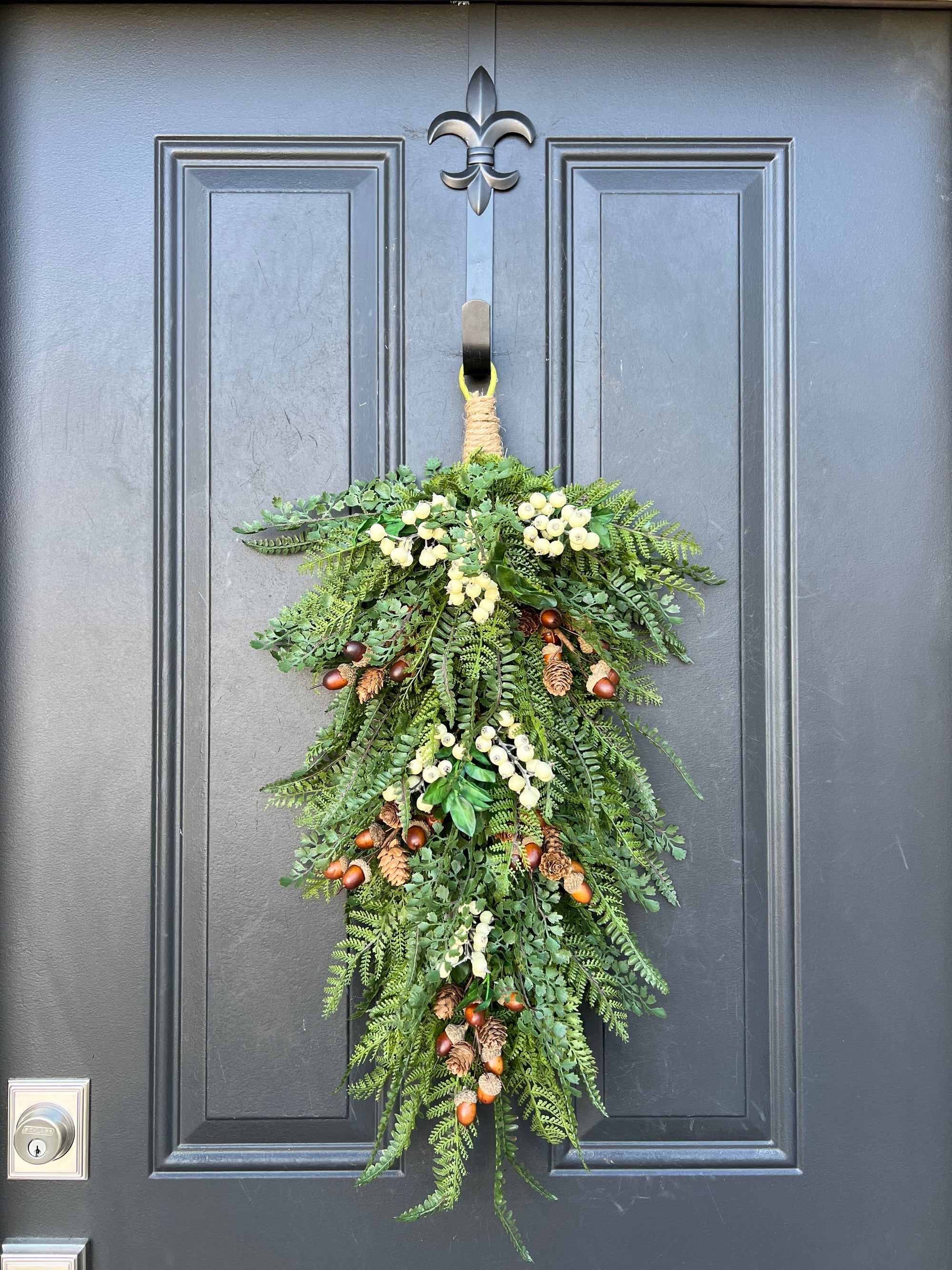 Woodland Fern Teardrop Wreath with Acorn, Pinecones and Cream Berries - Ready to Ship