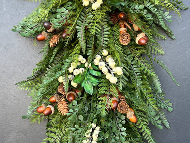 Woodland Fern Teardrop Wreath with Acorn, Pinecones and Cream Berries - TwoInspireYou