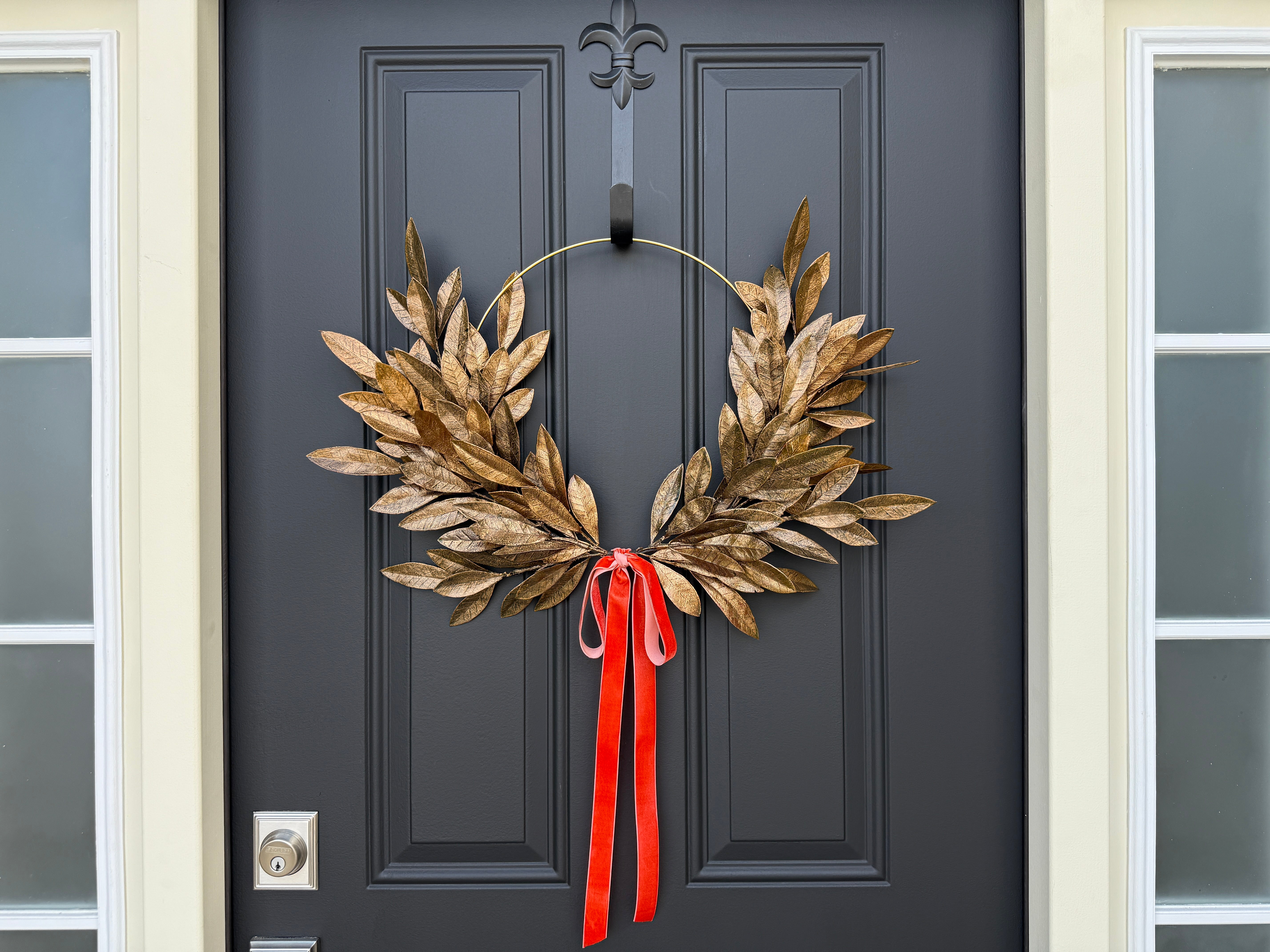Gold Laurel Hoop Wreath | Autumn Door Décor with Orange Velvet Bow