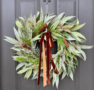 Christmas Pine & Pinecone Wreath - Mixed Pine Wreath with Velvet Ribbon | - TwoInspireYou