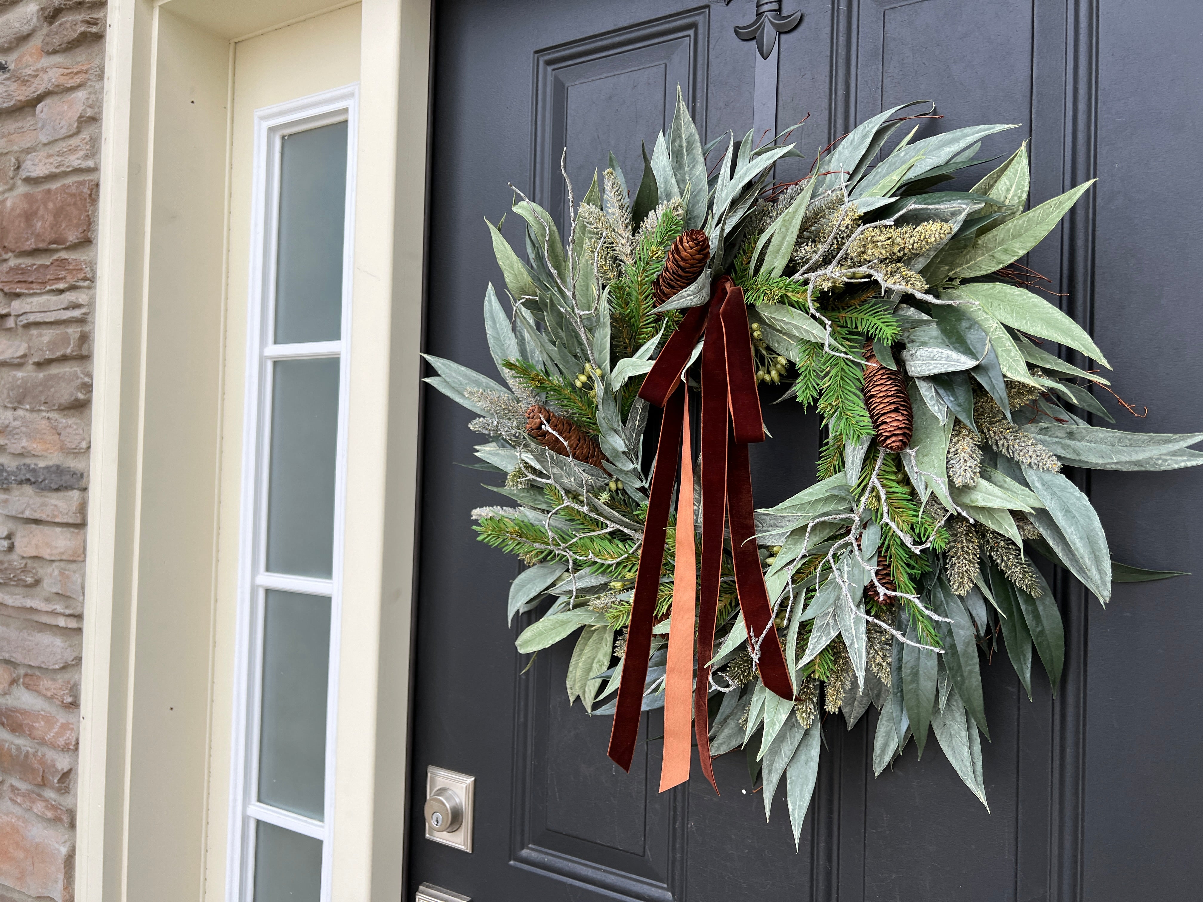 Christmas Pine & Pinecone Wreath - Mixed Pine Wreath with Velvet Ribbon |