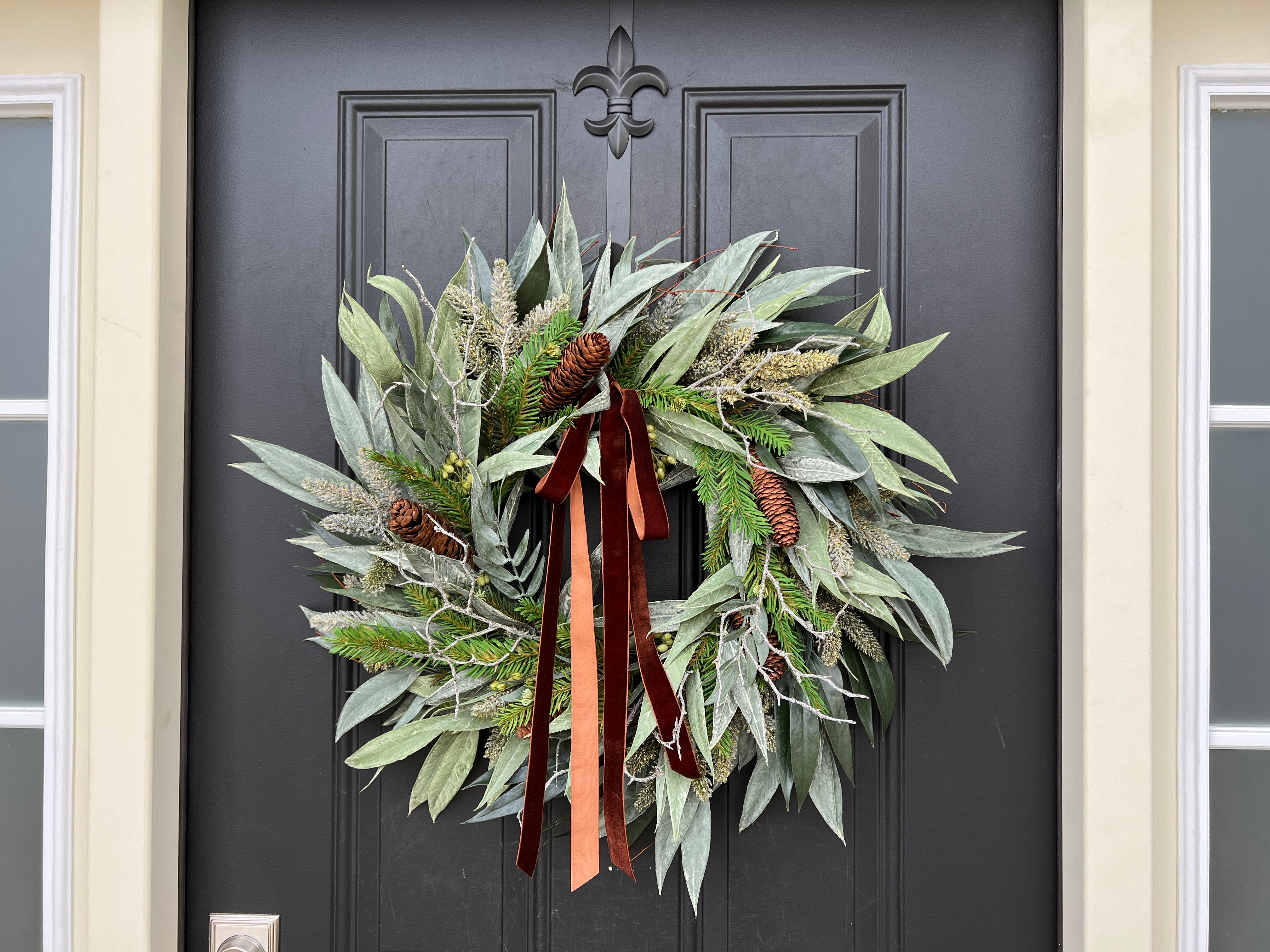 Christmas Pine & Pinecone Wreath - Mixed Pine Wreath with Velvet Ribbon |