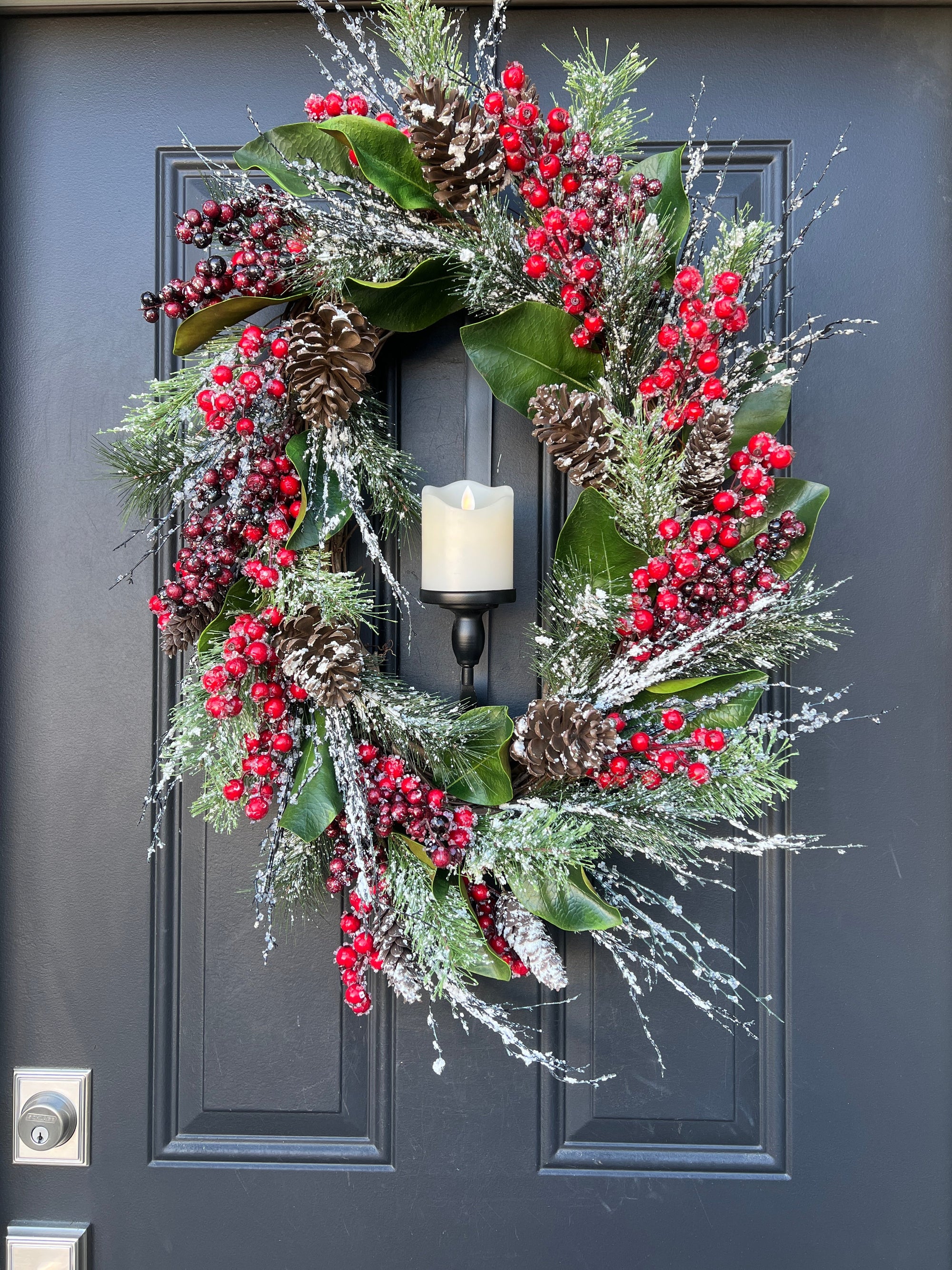 Classic Oval Christmas Wreath with Flickering Candle - Ready to Ship