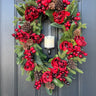 Oval Red and Green Christmas Wreath with Pinecones and Flickering Candle - TwoInspireYou