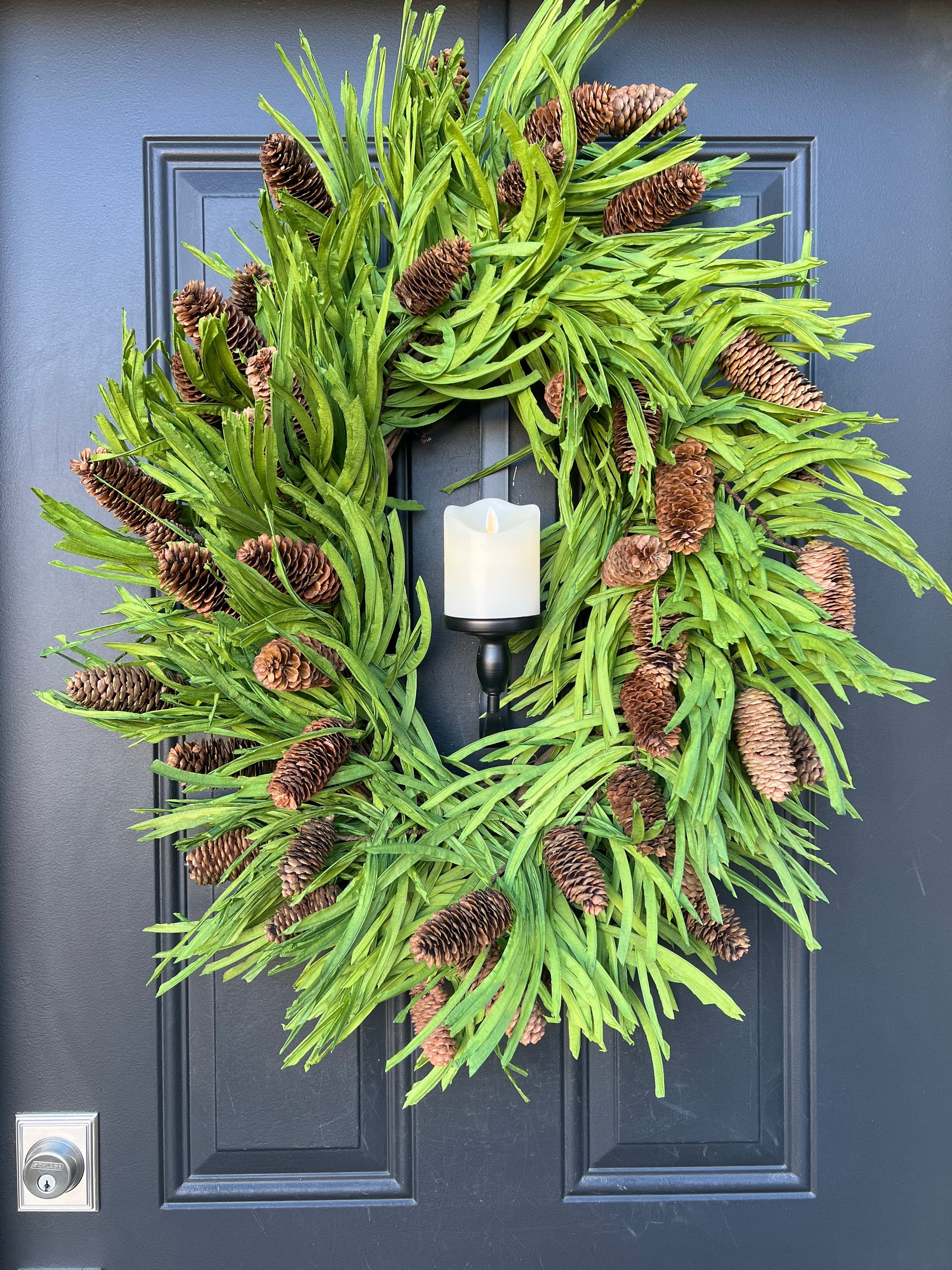 Grassy Christmas Oval Wreath with Flickering Candle - Ready to Ship