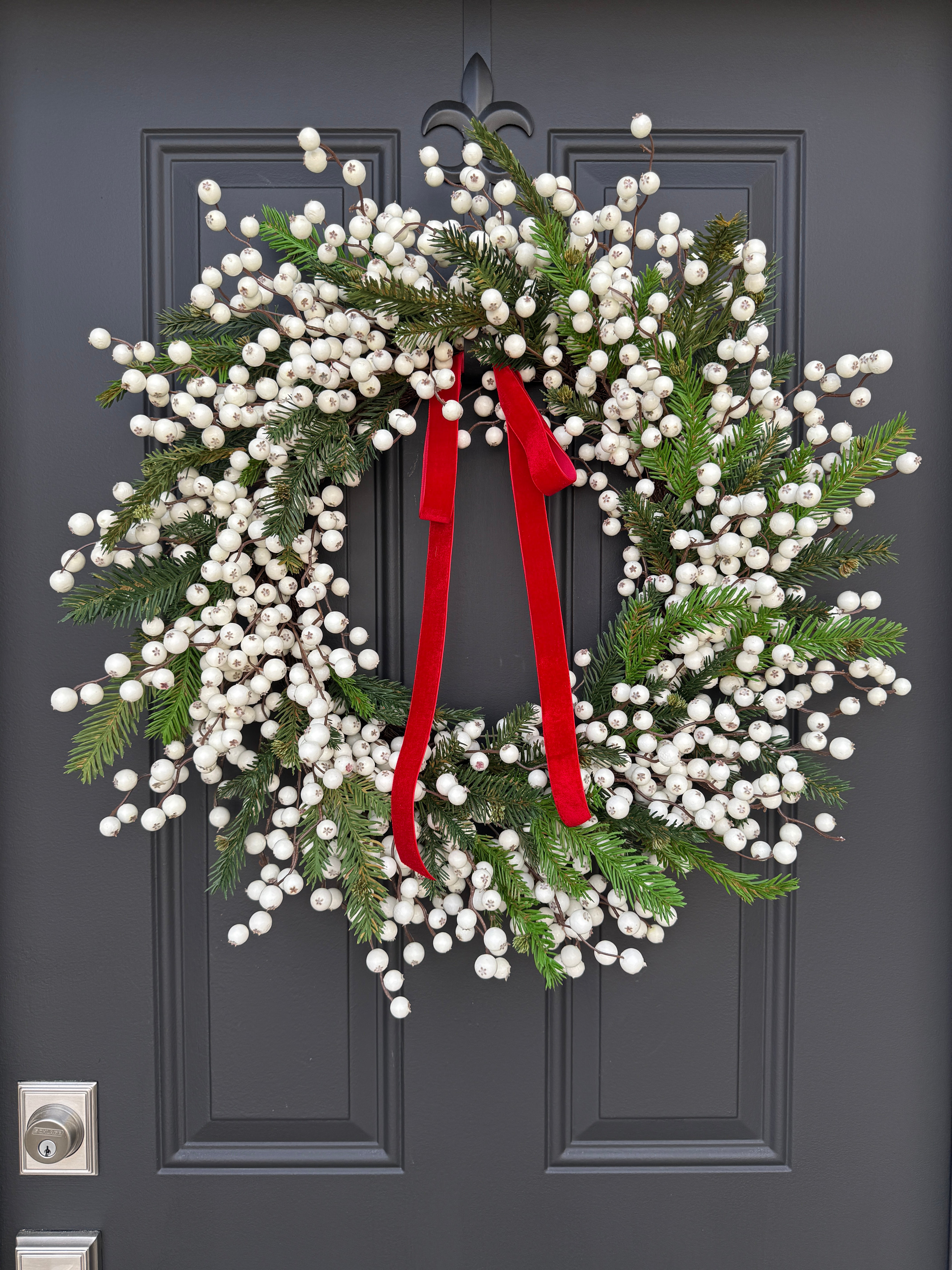 White Berry Christmas Wreath | Winter Door Décor with Red Velvet Ribbon