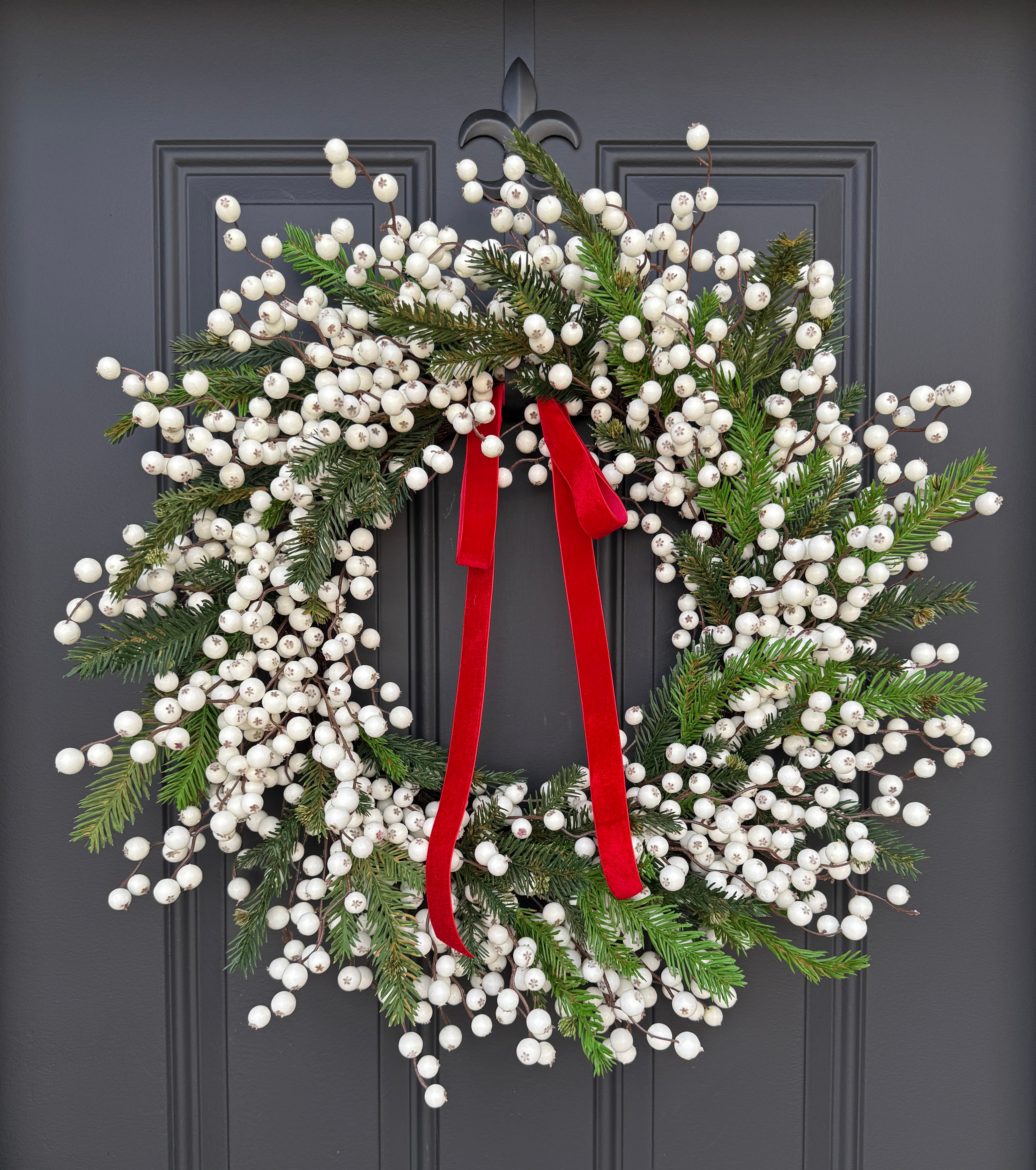 White Berry Christmas Wreath | Winter Door Décor with Red Velvet Ribbon