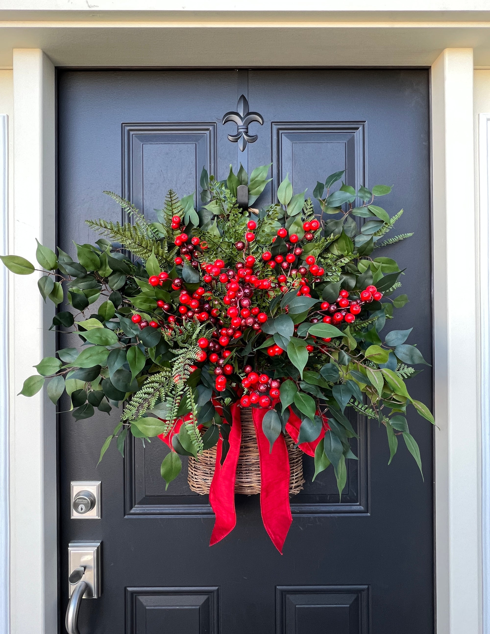 Farmhouse Winter Fern and Red Berry Door Basket