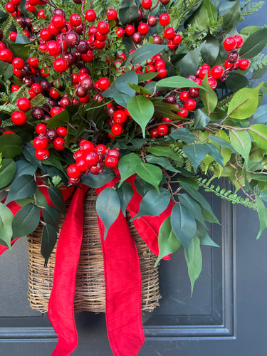 Farmhouse Winter Fern and Red Berry Door Basket - TwoInspireYou