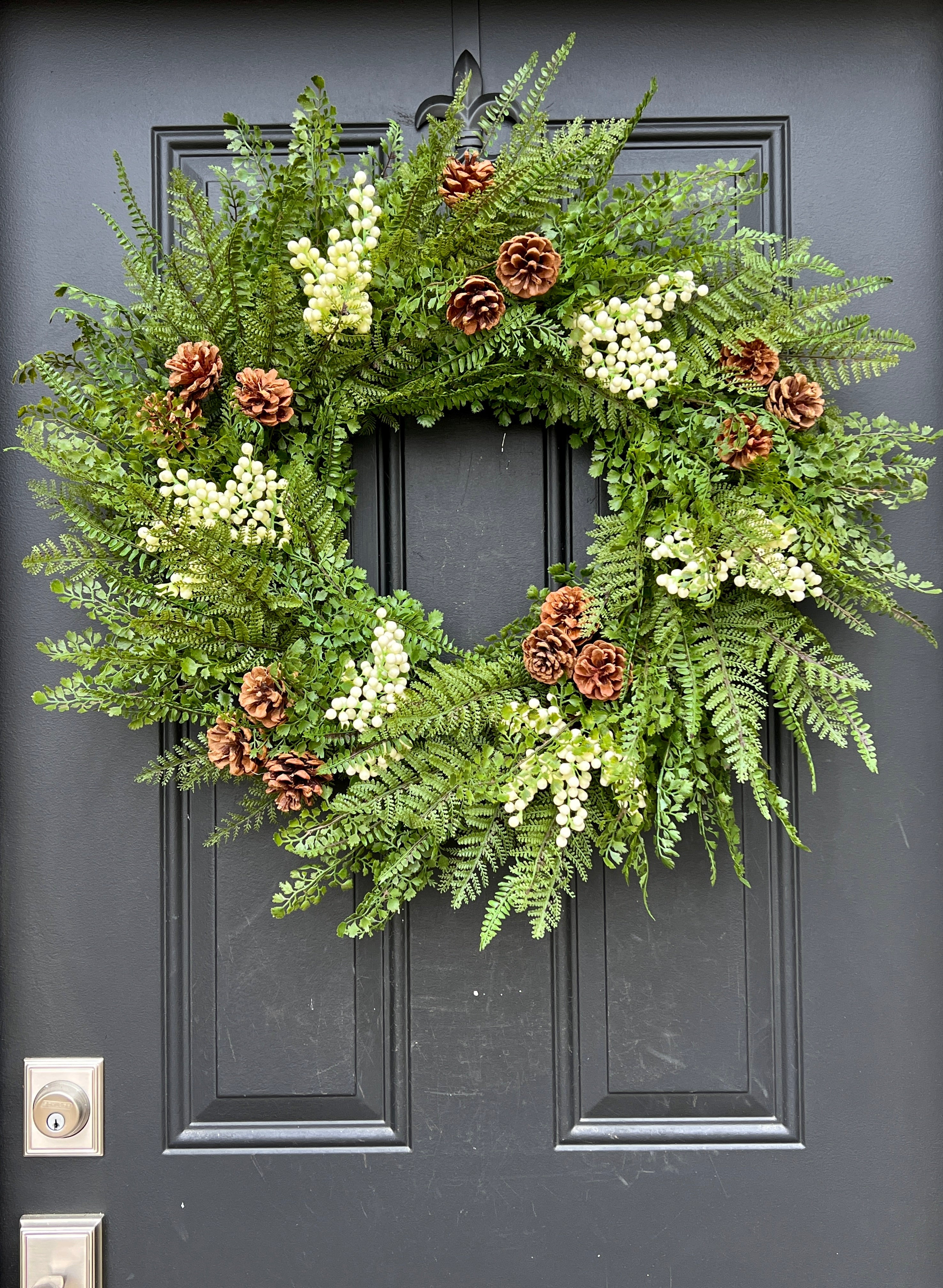 Outdoor Woodland Fern Wreath with Pinecones and Cream Berries