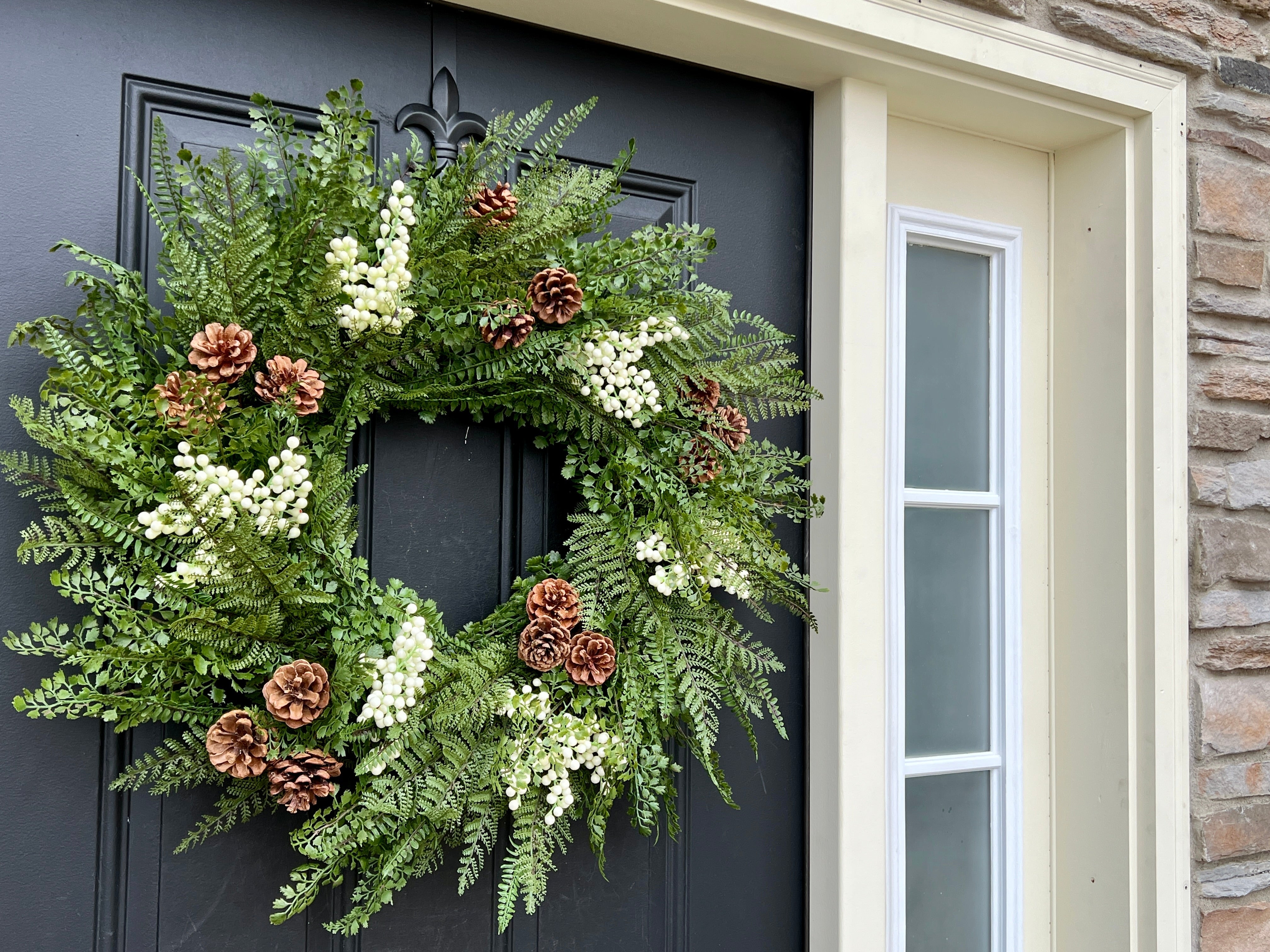 Outdoor Woodland Fern Wreath with Pinecones and Cream Berries